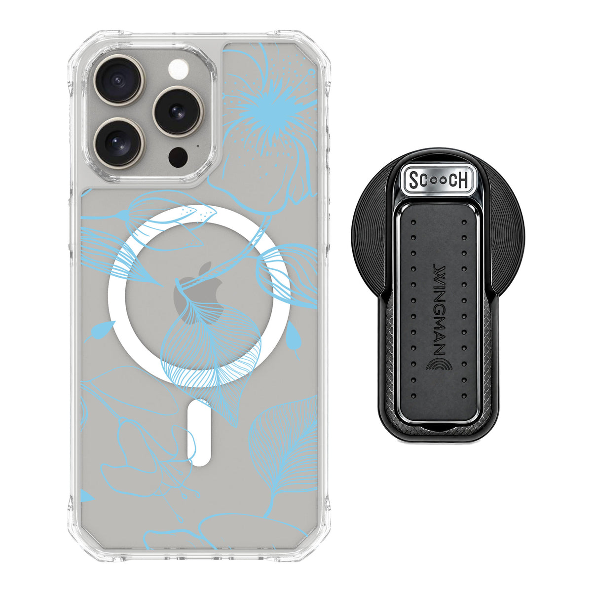 Scooch MagCase Blue Hibiscus for iPhone 15 Pro Max — MagSafe Wingback Bundle - Black