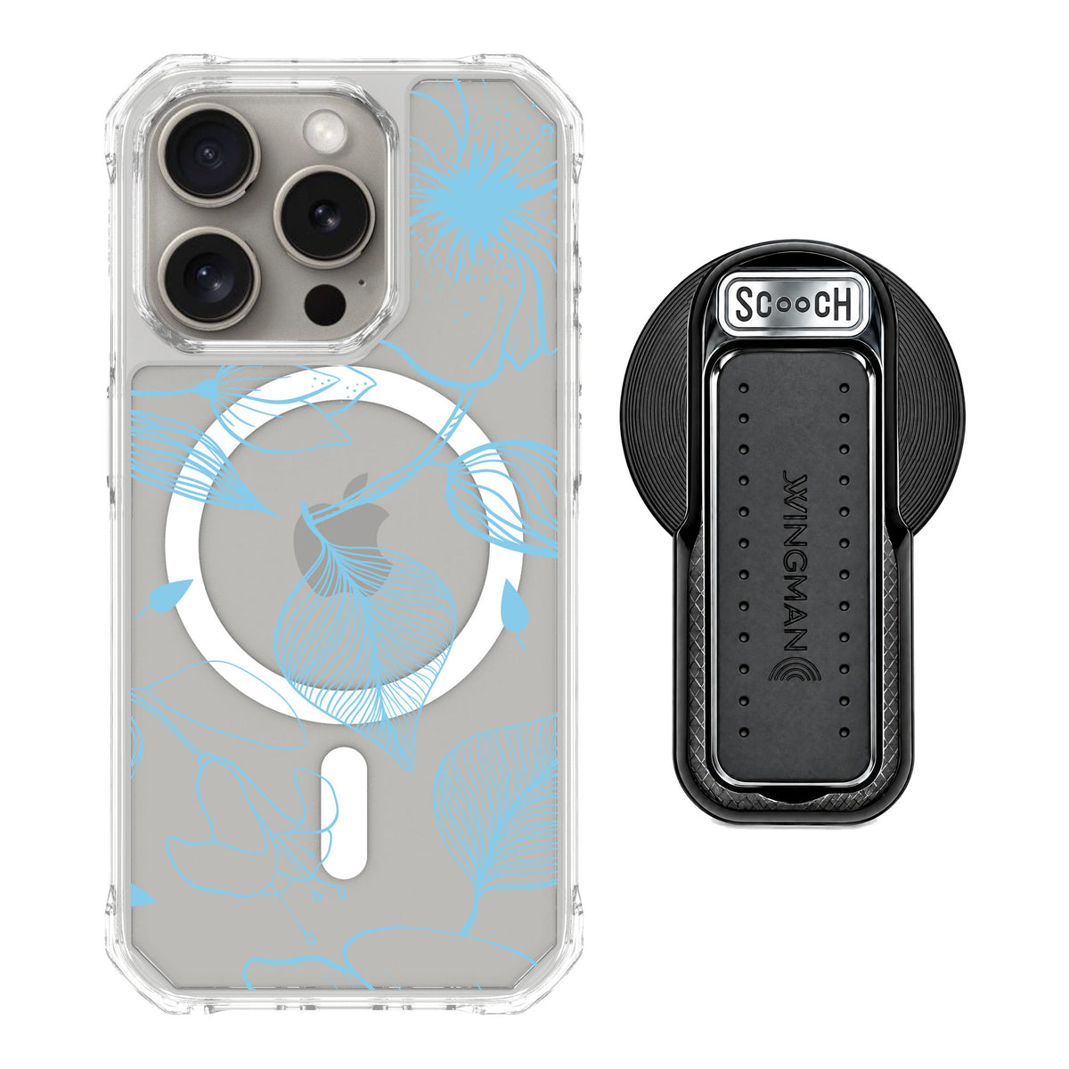 Scooch MagCase Blue Hibiscus for iPhone 15 Pro — MagSafe Wingback Bundle - Black