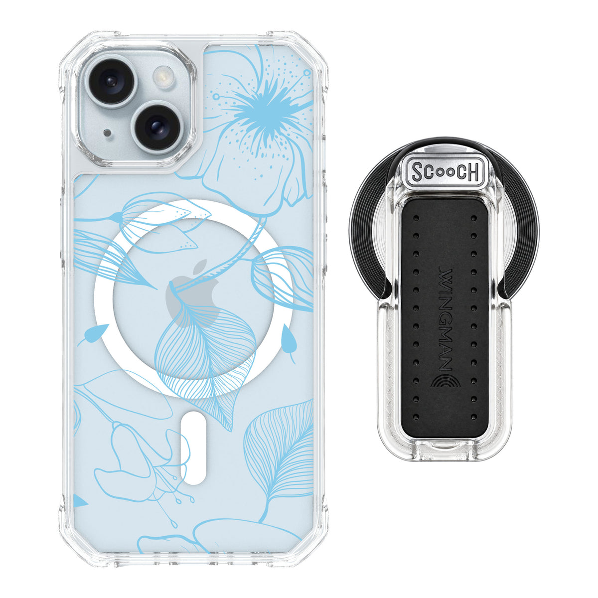 Scooch MagCase Blue Hibiscus for iPhone 15 — MagSafe Wingback Bundle - Clear