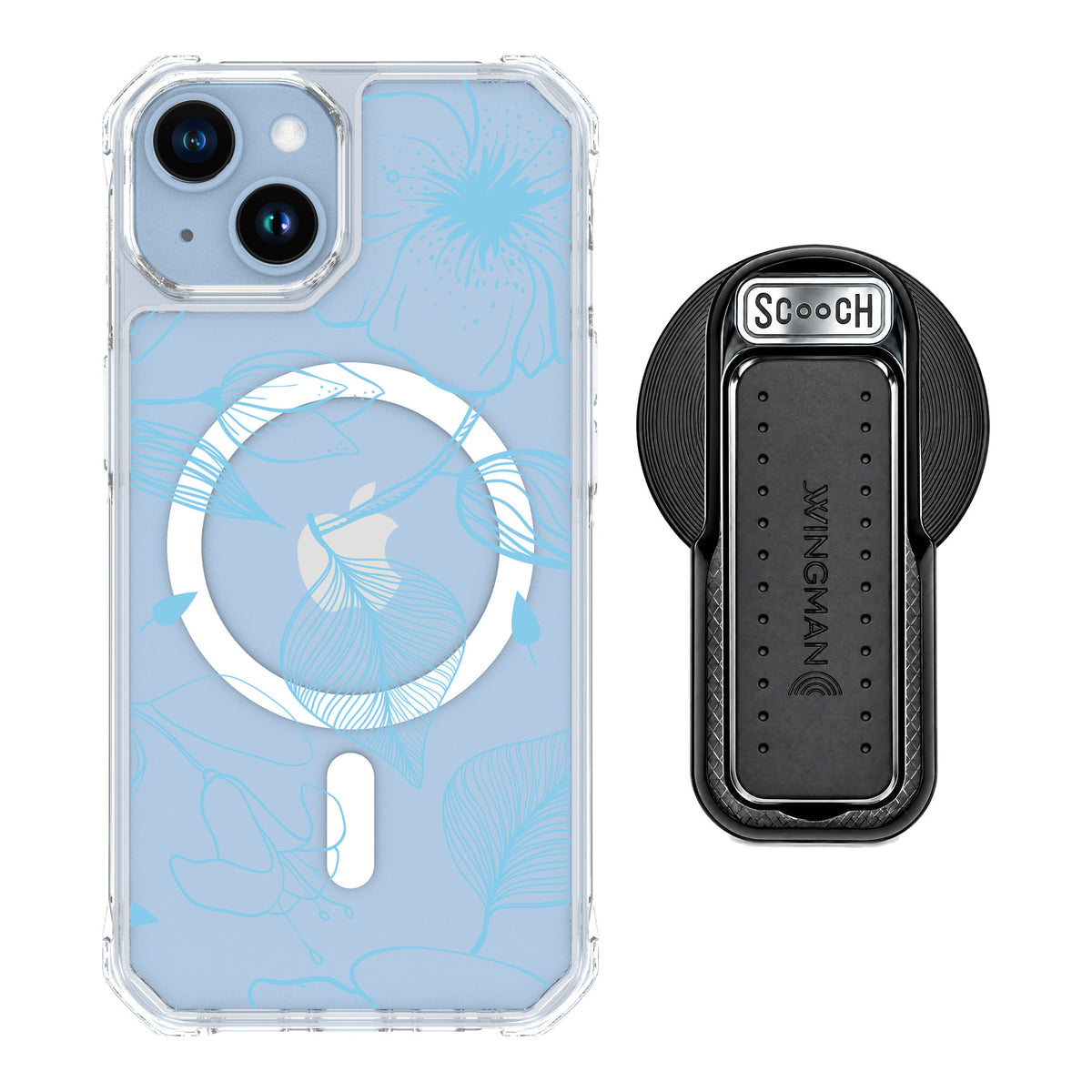 Scooch MagCase Blue Hibiscus for iPhone 14 — MagSafe Wingback Bundle - Black