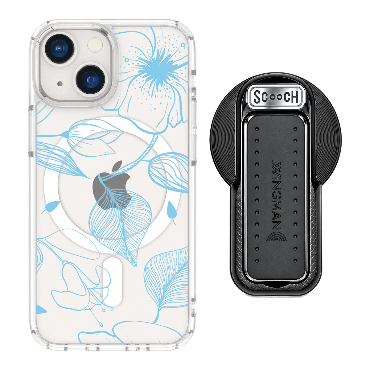 Scooch MagCase Blue Hibiscus for iPhone 13 mini — MagSafe Wingback Bundle - Black