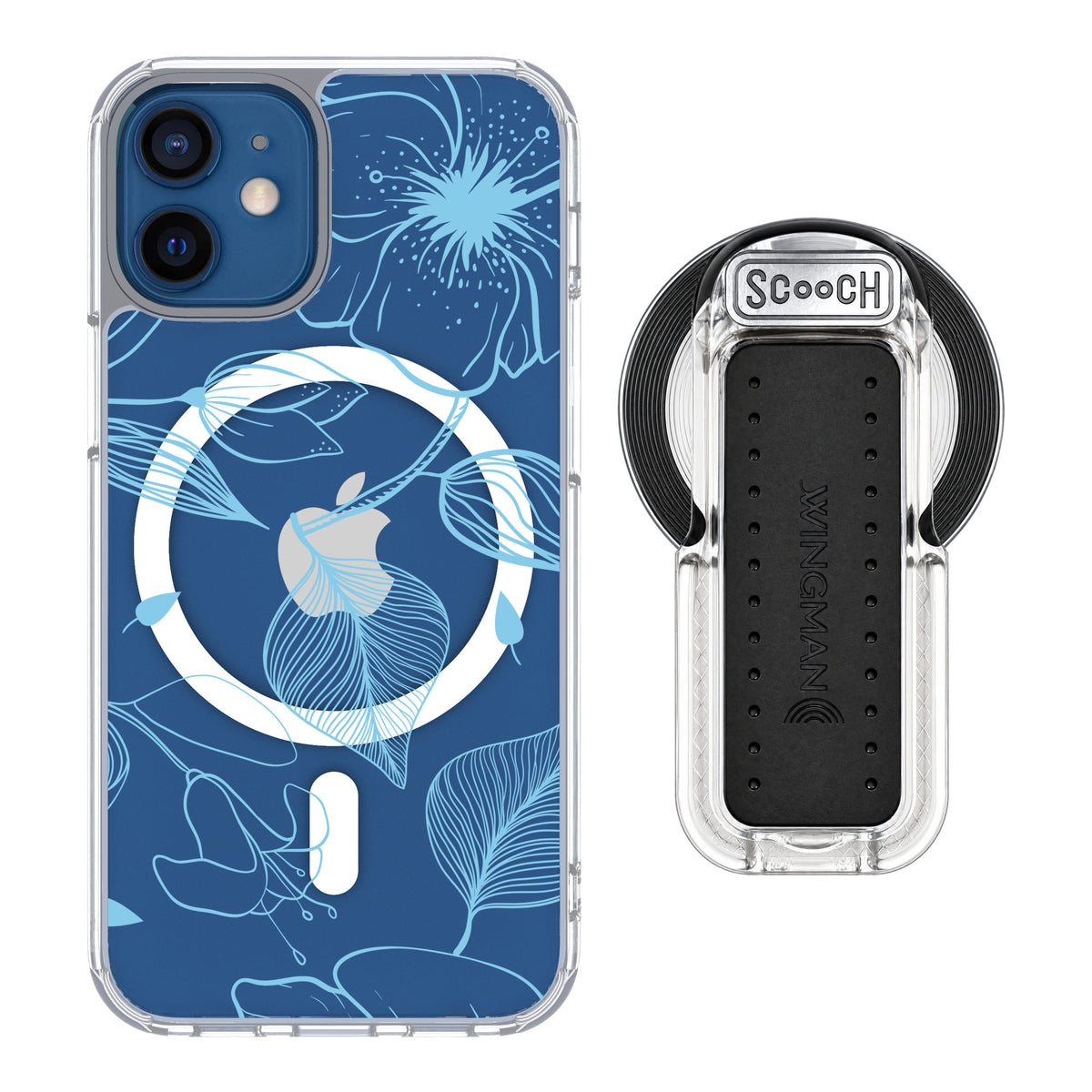 Scooch MagCase Blue Hibiscus for iPhone 12 mini — MagSafe Wingback Bundle - Clear