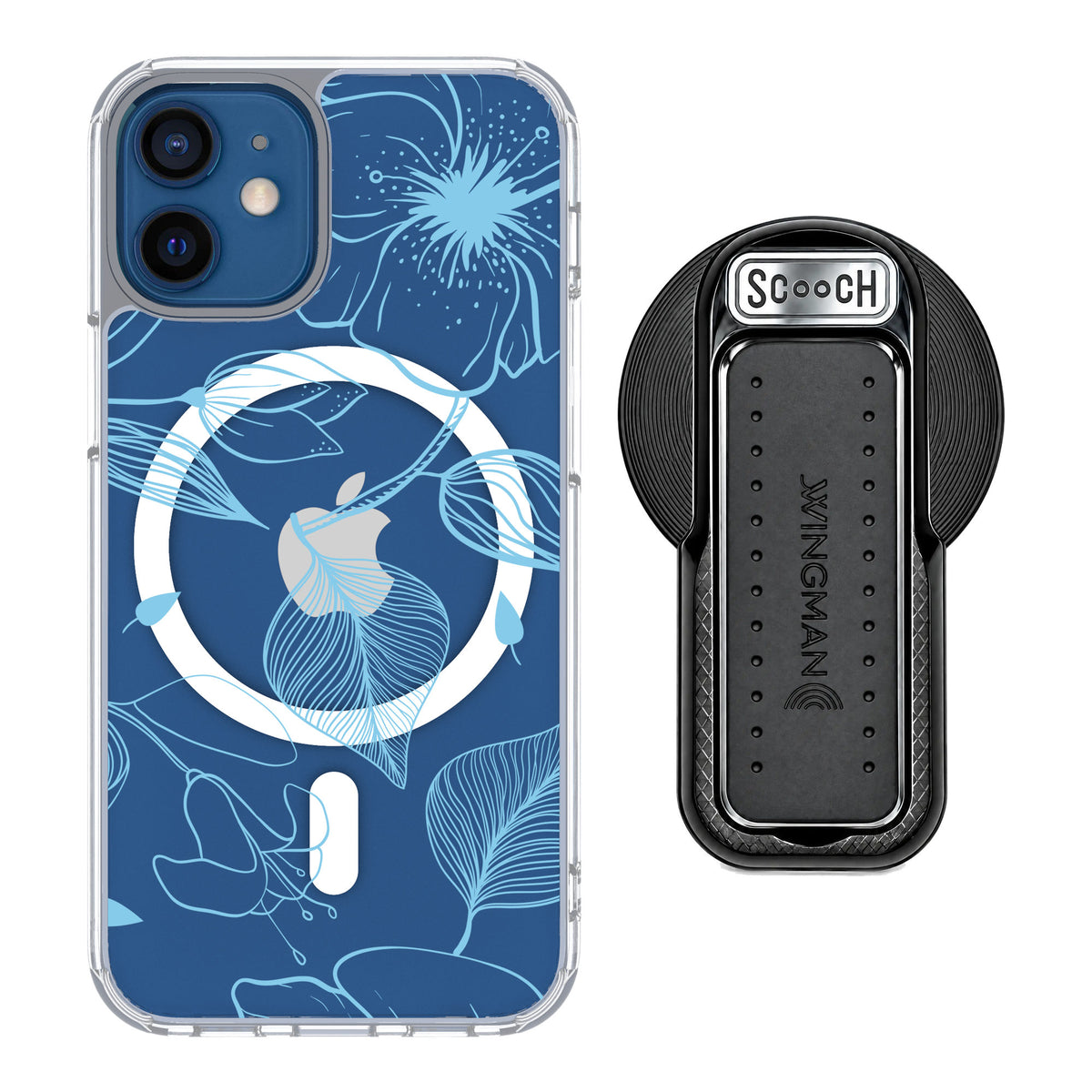 Scooch MagCase Blue Hibiscus for iPhone 12 mini — MagSafe Wingback Bundle - Black