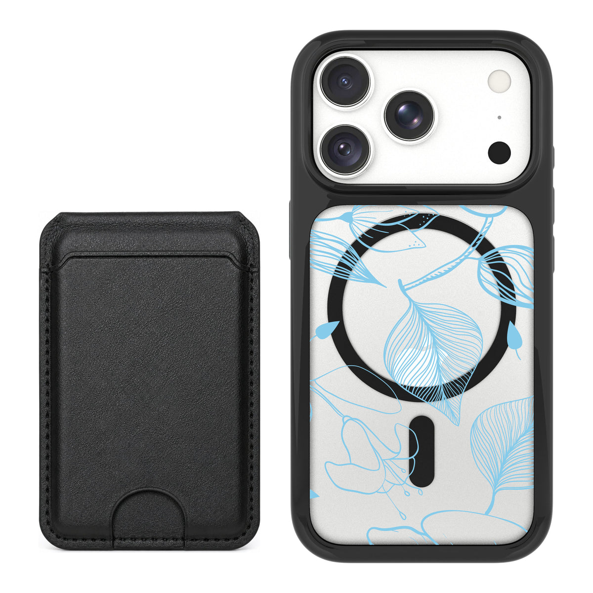 Scooch MagCase Blue Hibiscus for iPhone 18 Pro — Black MagWallet Bundle