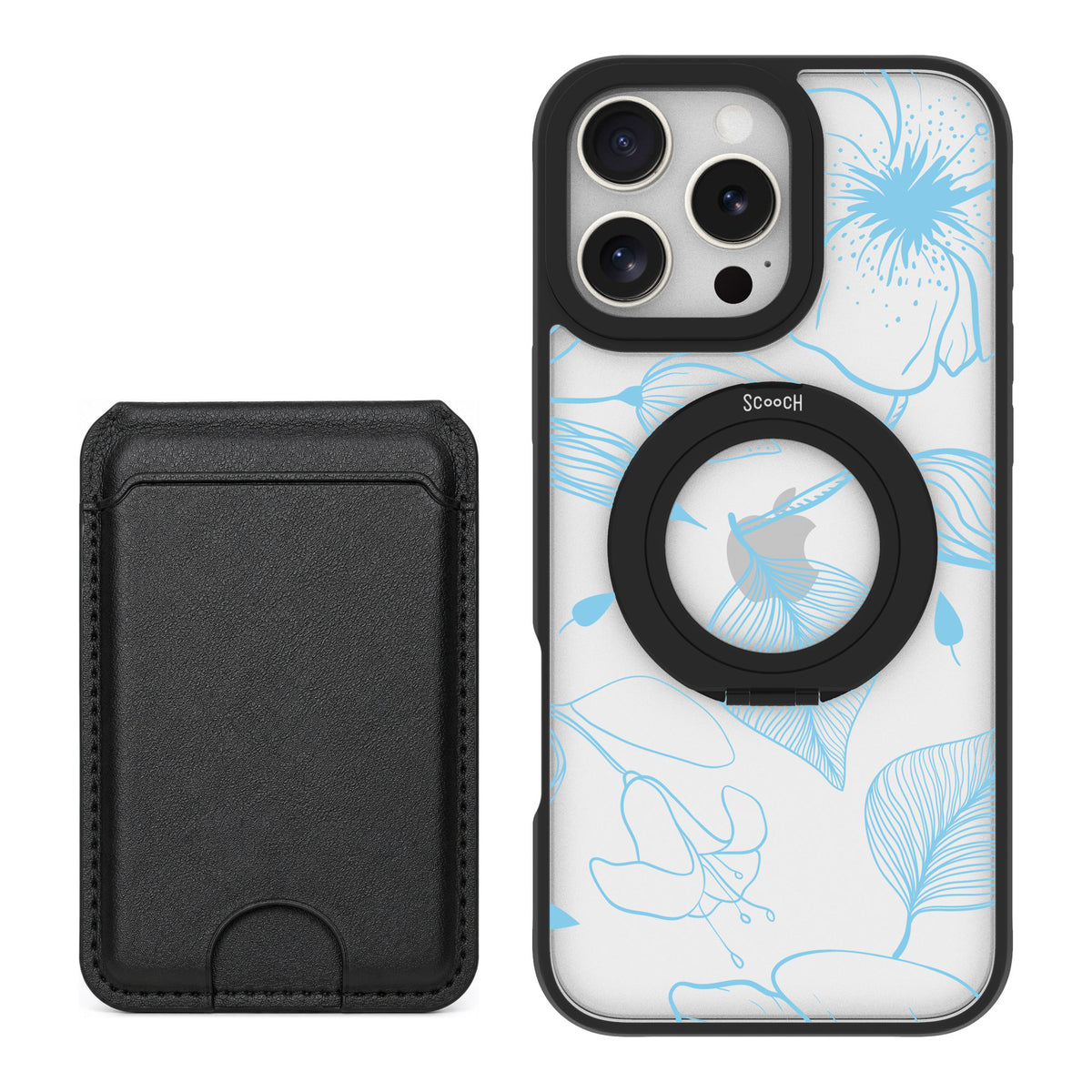 Scooch MagCase Blue Hibiscus for iPhone 16 Pro Max — Black MagWallet Bundle