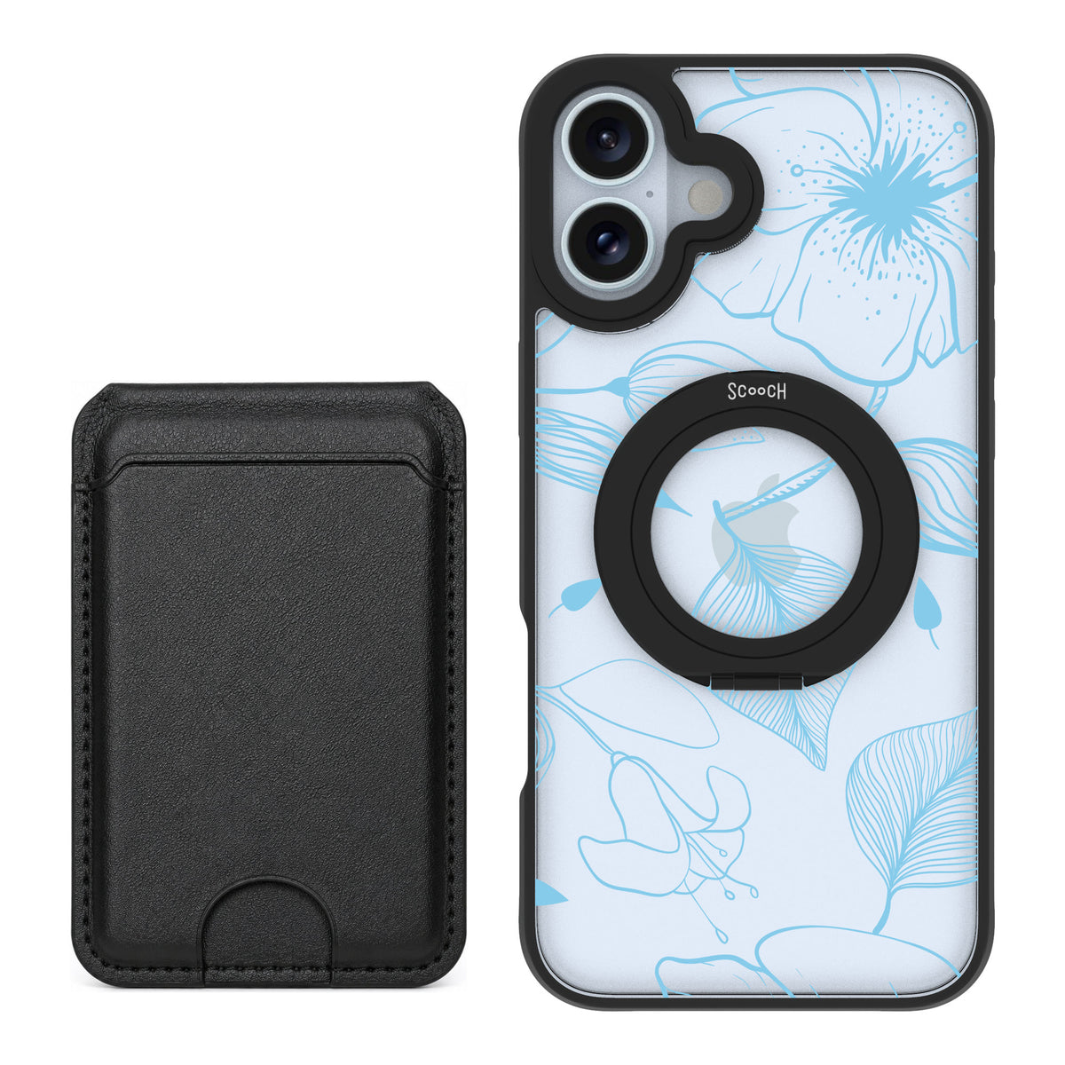 Scooch MagCase Blue Hibiscus for iPhone 16 Plus — Black MagWallet Bundle