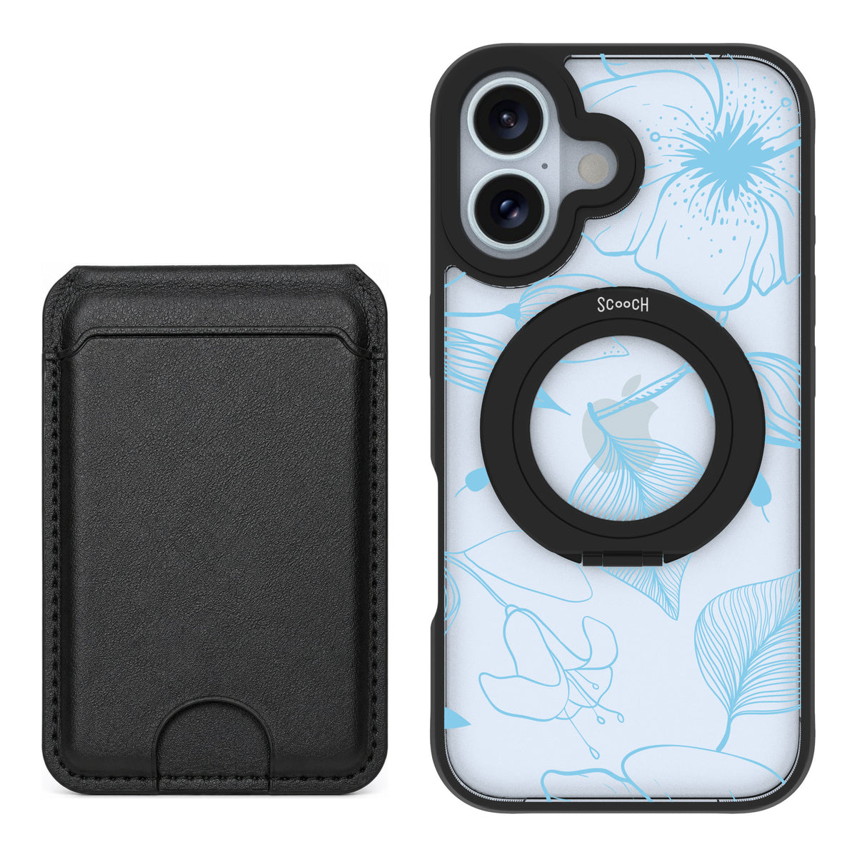 Scooch MagCase Blue Hibiscus for iPhone 16 — Black MagWallet Bundle