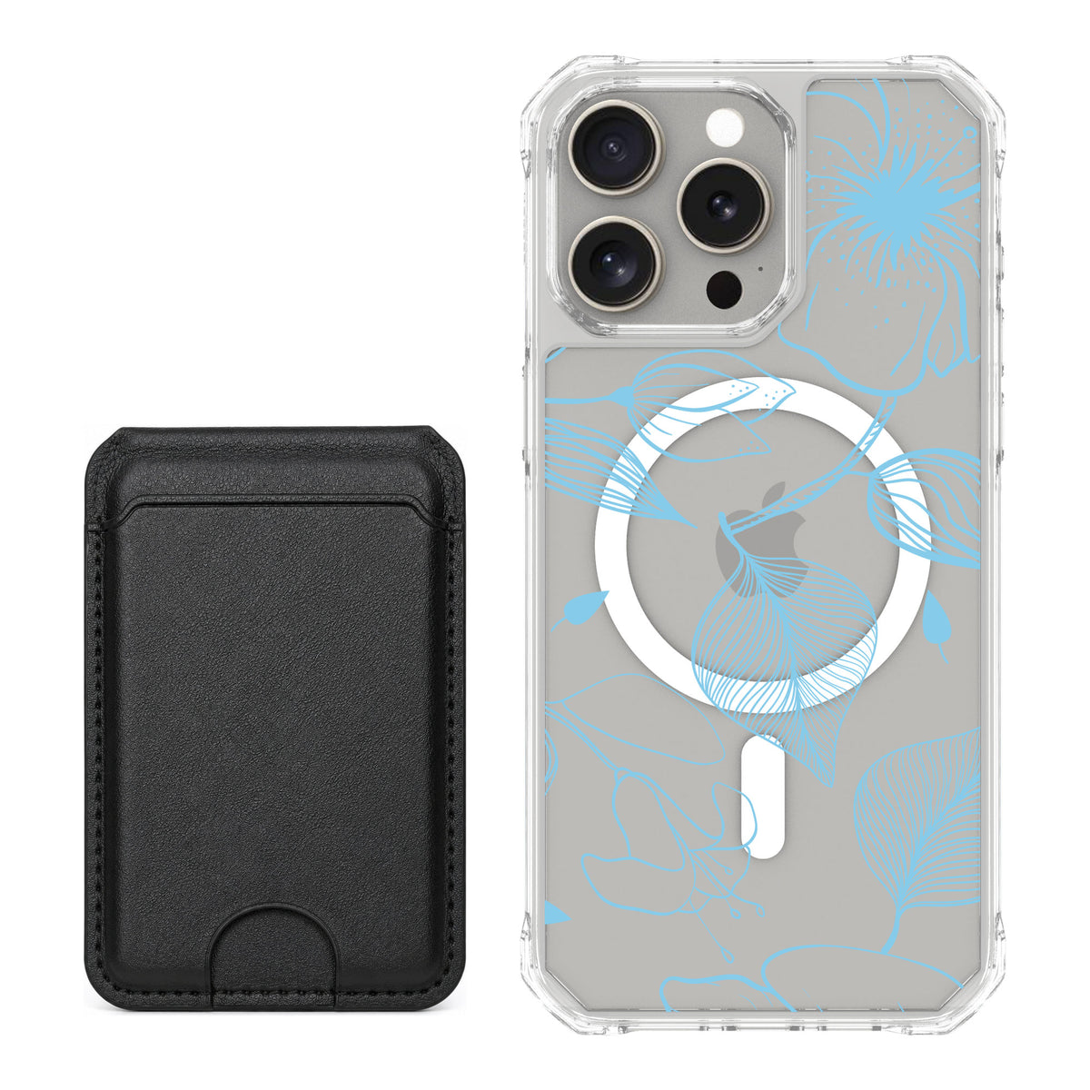 Scooch MagCase Blue Hibiscus for iPhone 15 Pro Max — Black MagWallet Bundle