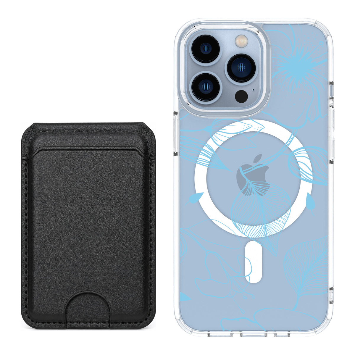 Scooch MagCase Blue Hibiscus for iPhone 13 Pro — Black MagWallet Bundle