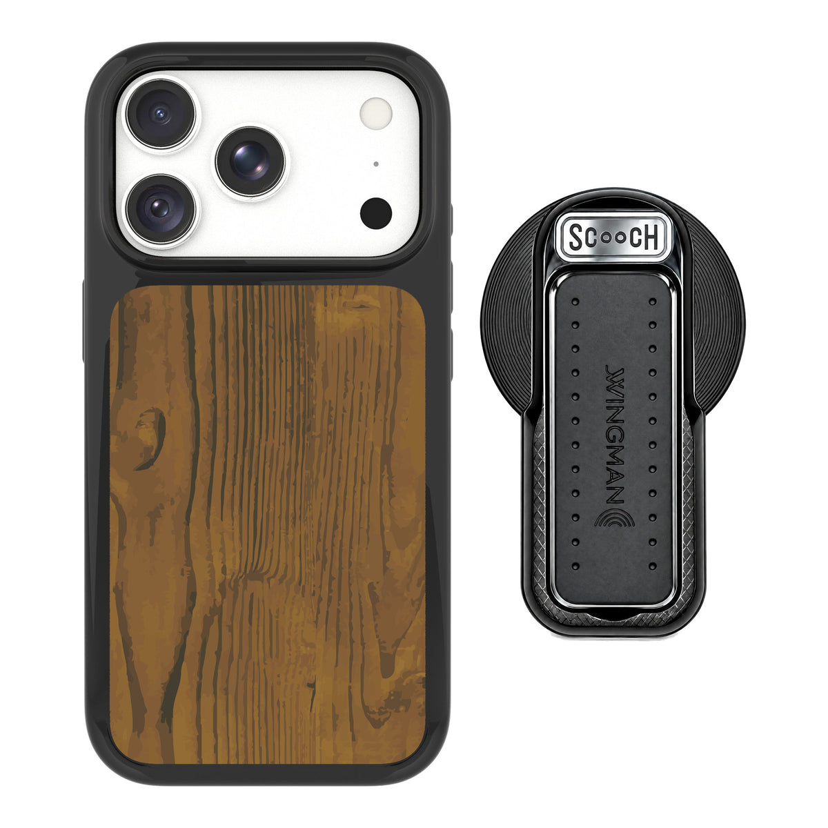 Scooch MagCase Wood Grain for iPhone 18 Pro Max — MagSafe Wingback Bundle - Black