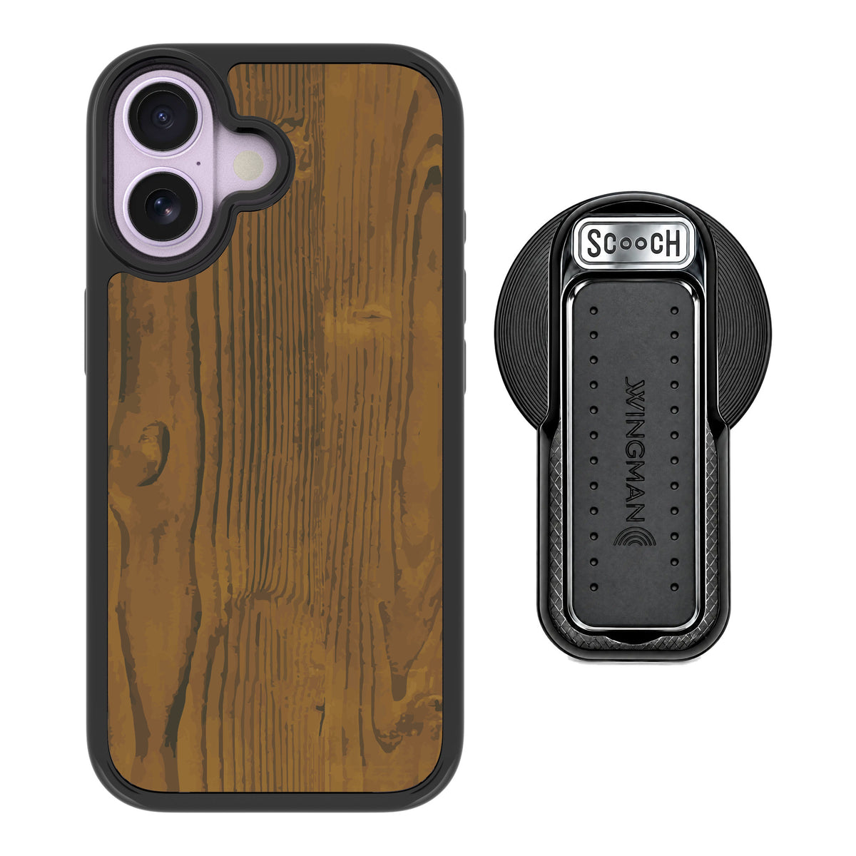 Scooch MagCase Wood Grain for iPhone 17 — MagSafe Wingback Bundle - Black