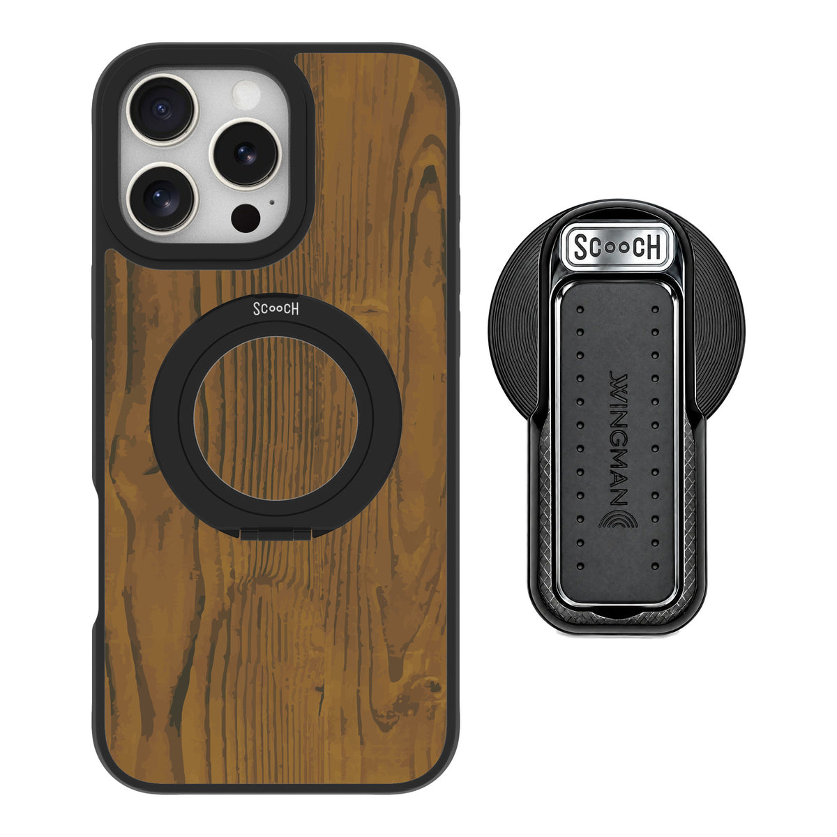 Scooch MagCase Wood Grain for iPhone 16 Pro Max — MagSafe Wingback Bundle - Black