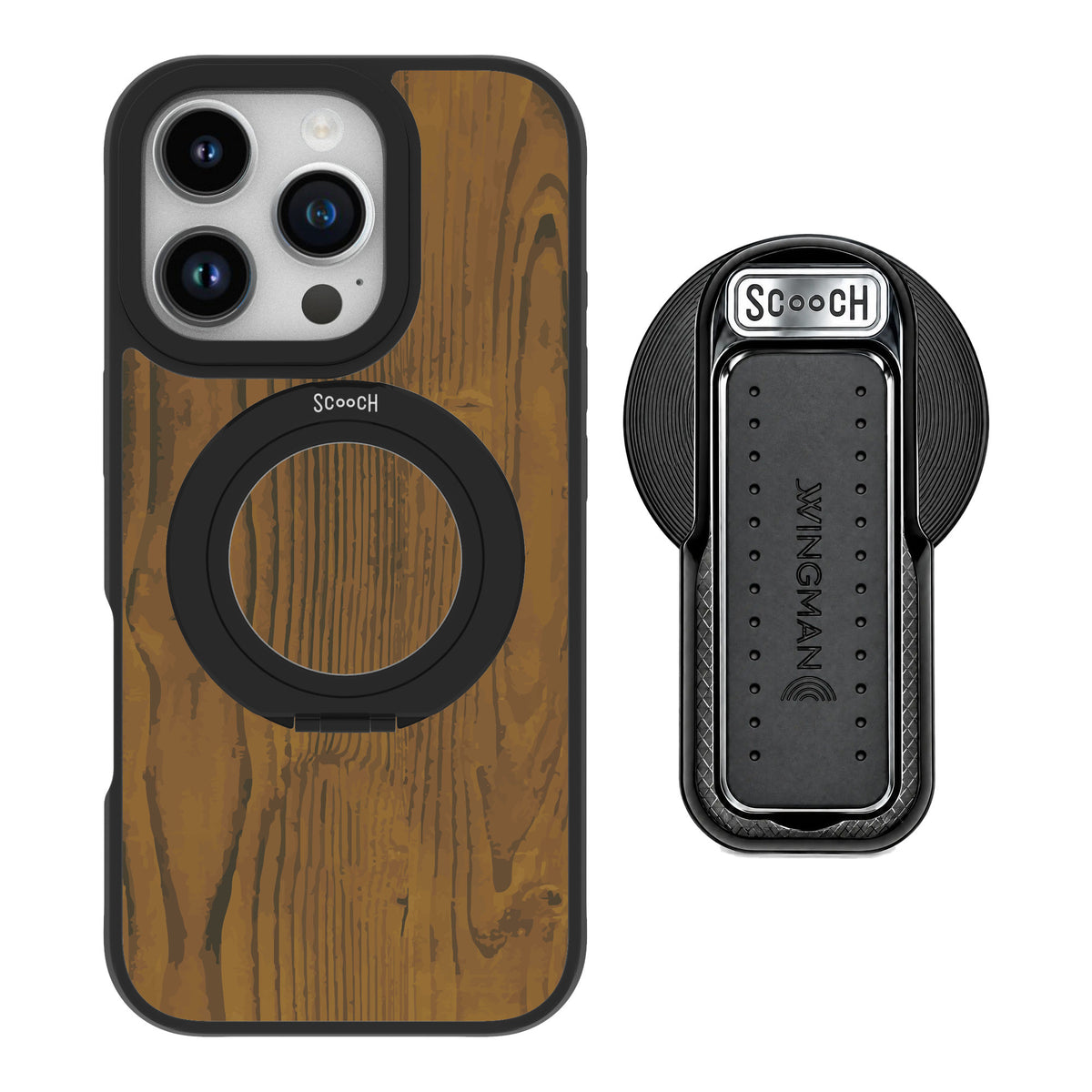 Scooch MagCase Wood Grain for iPhone 16 Pro — MagSafe Wingback Bundle - Black