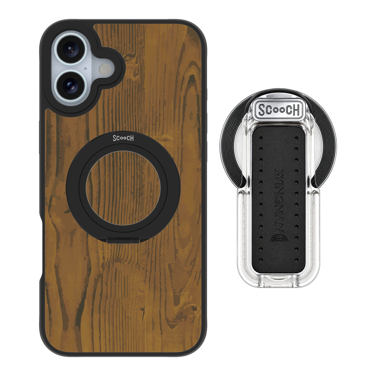 Scooch MagCase Wood Grain for iPhone 16 Plus — MagSafe Wingback Bundle - Clear