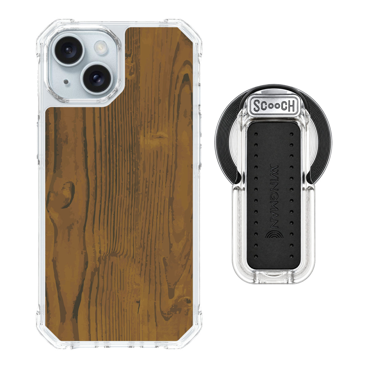 Scooch MagCase Wood Grain for iPhone 15 — MagSafe Wingback Bundle - Clear