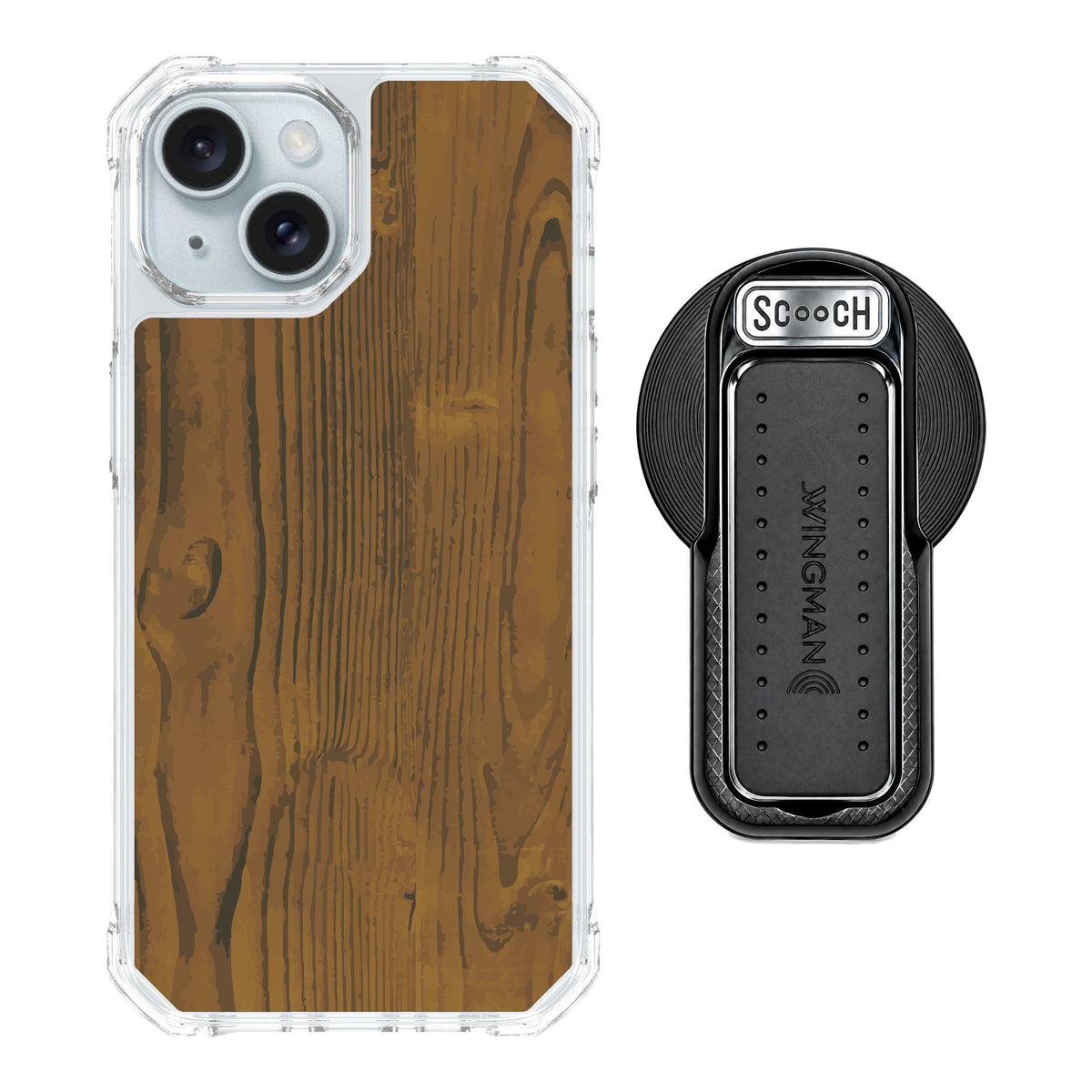 Scooch MagCase Wood Grain for iPhone 15 — MagSafe Wingback Bundle - Black