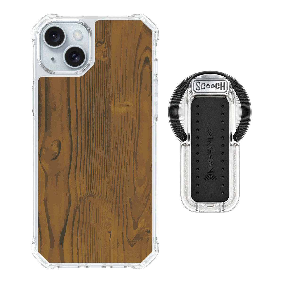 Scooch MagCase Wood Grain for iPhone 14 Plus — MagSafe Wingback Bundle - Clear