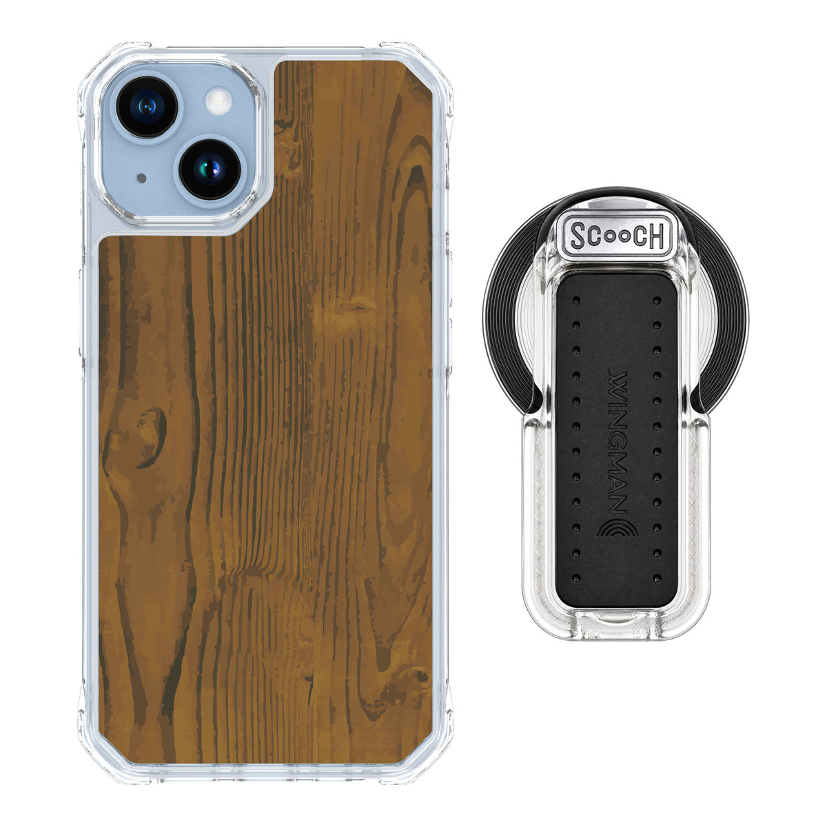 Scooch MagCase Wood Grain for iPhone 14 — MagSafe Wingback Bundle - Clear