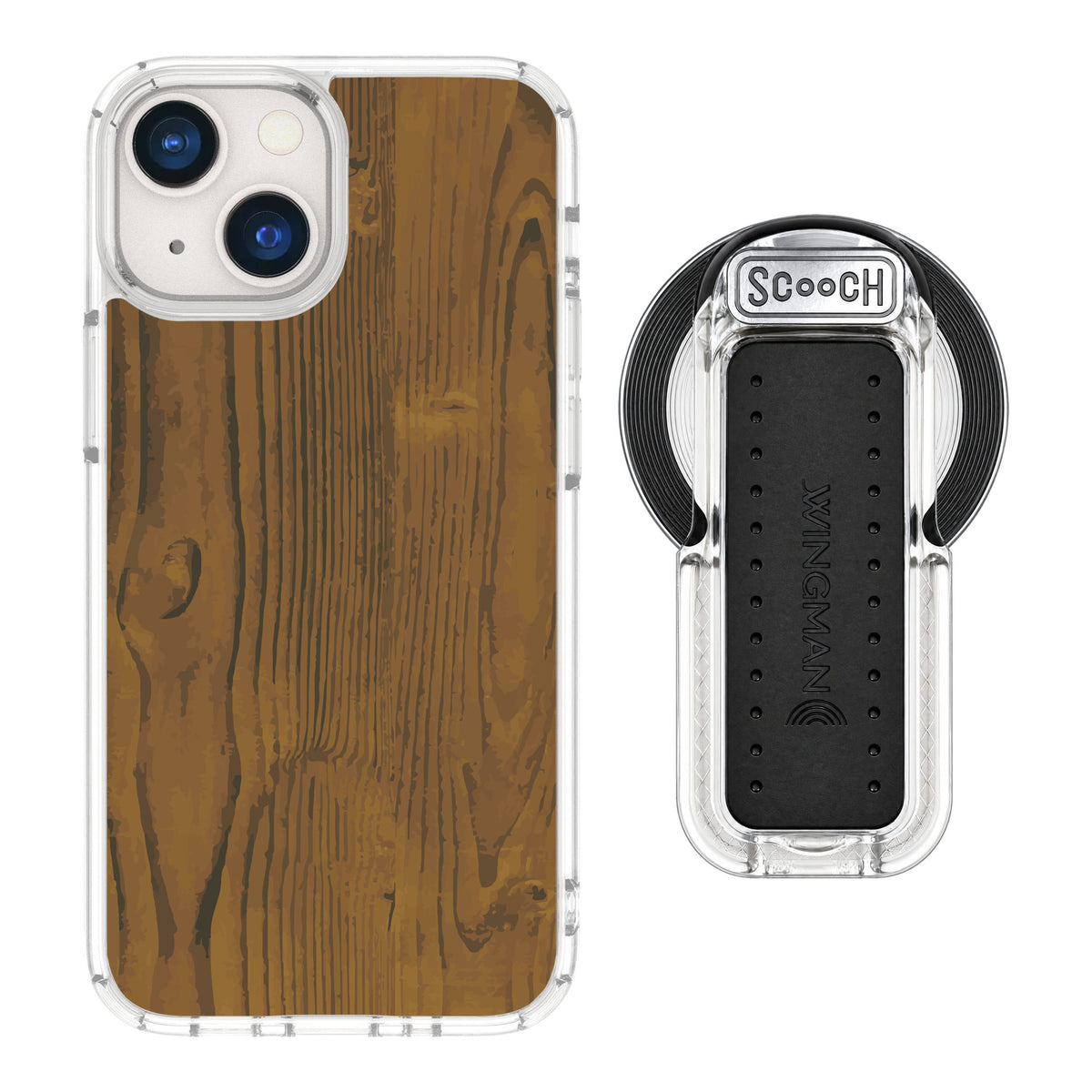 Scooch MagCase Wood Grain for iPhone 13 mini — MagSafe Wingback Bundle - Clear