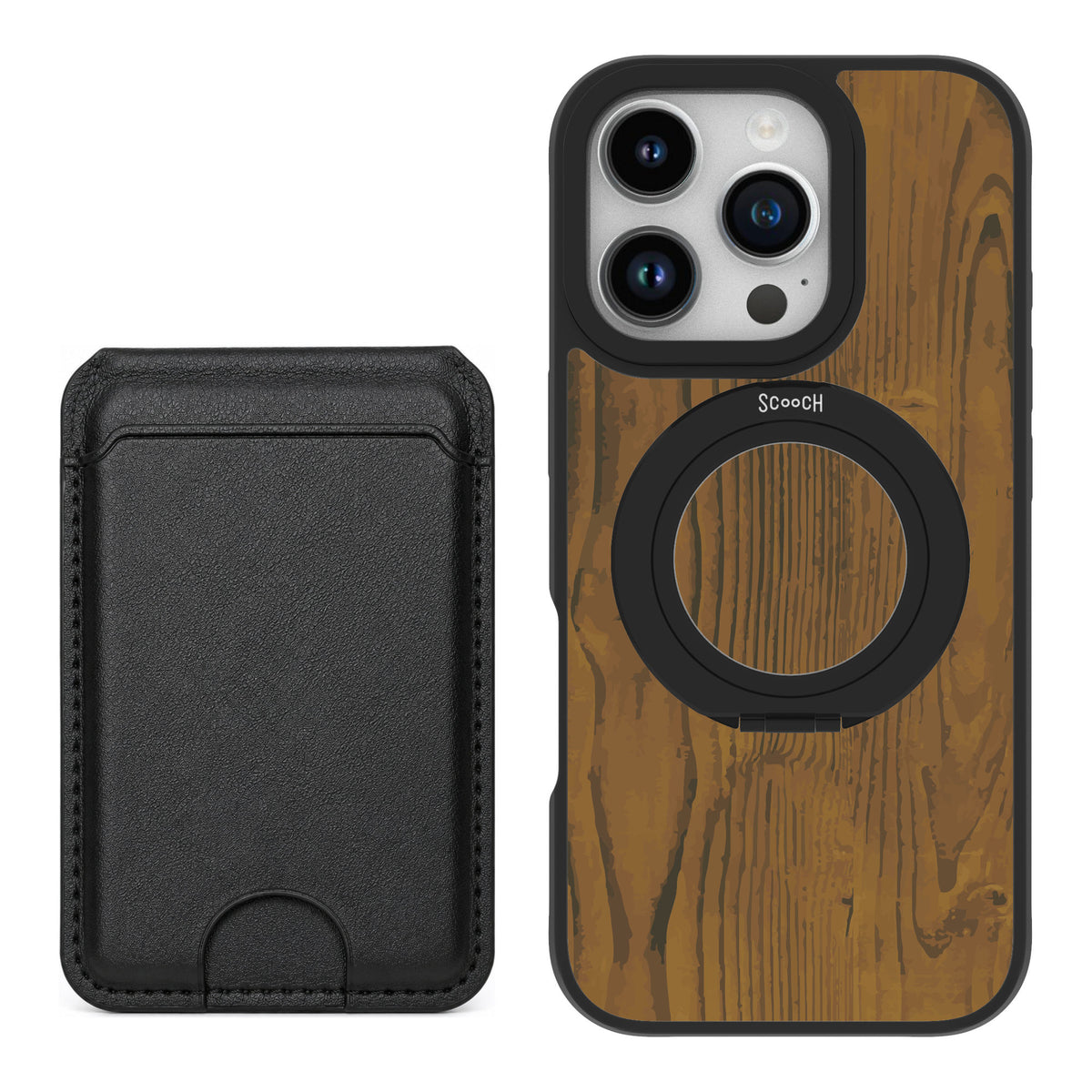 Scooch MagCase Wood Grain for iPhone 16 Pro — Black MagWallet Bundle