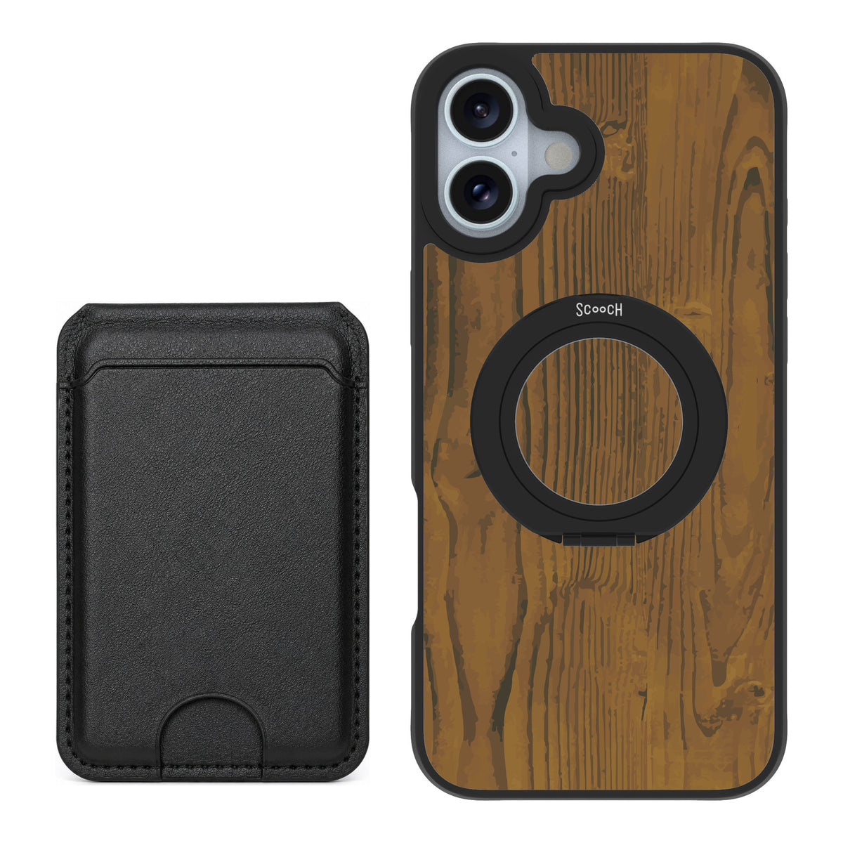 Scooch MagCase Wood Grain for iPhone 16 Plus — Black MagWallet Bundle