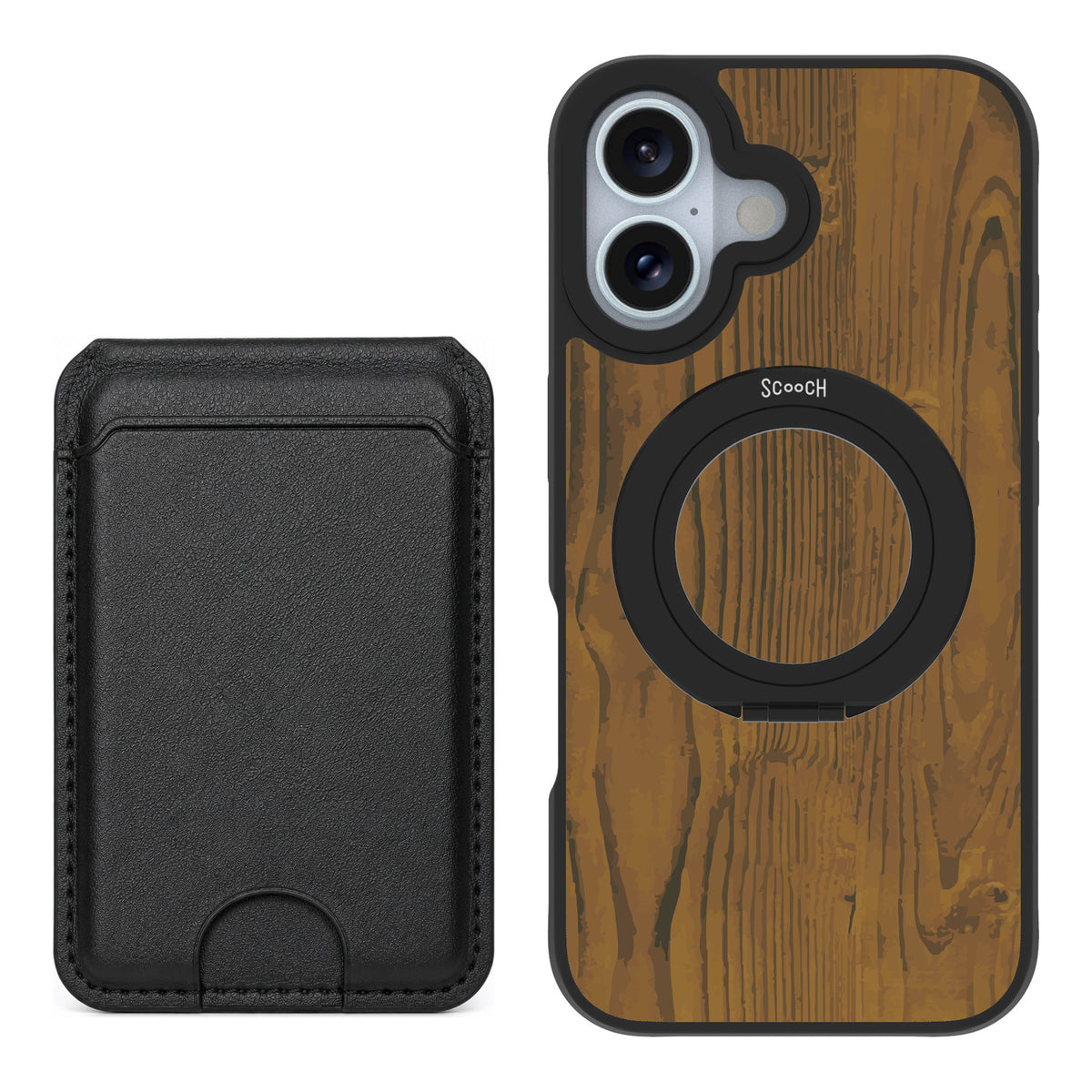 Scooch MagCase Wood Grain for iPhone 16 — Black MagWallet Bundle