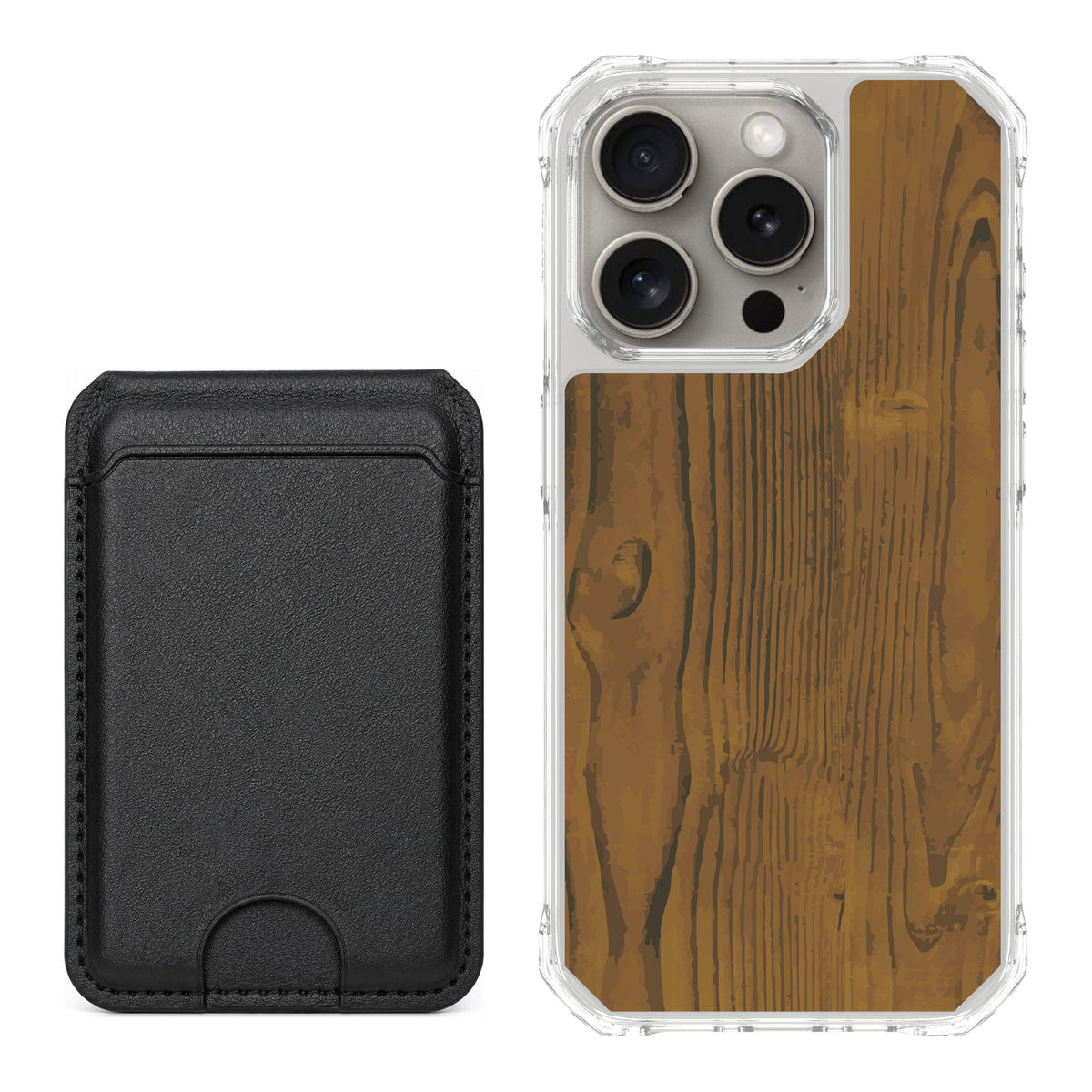 Scooch MagCase Wood Grain for iPhone 15 Pro — Black MagWallet Bundle