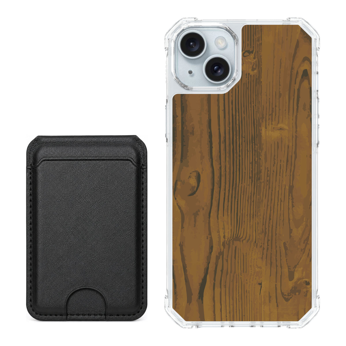 Scooch MagCase Wood Grain for iPhone 15 Plus — Black MagWallet Bundle