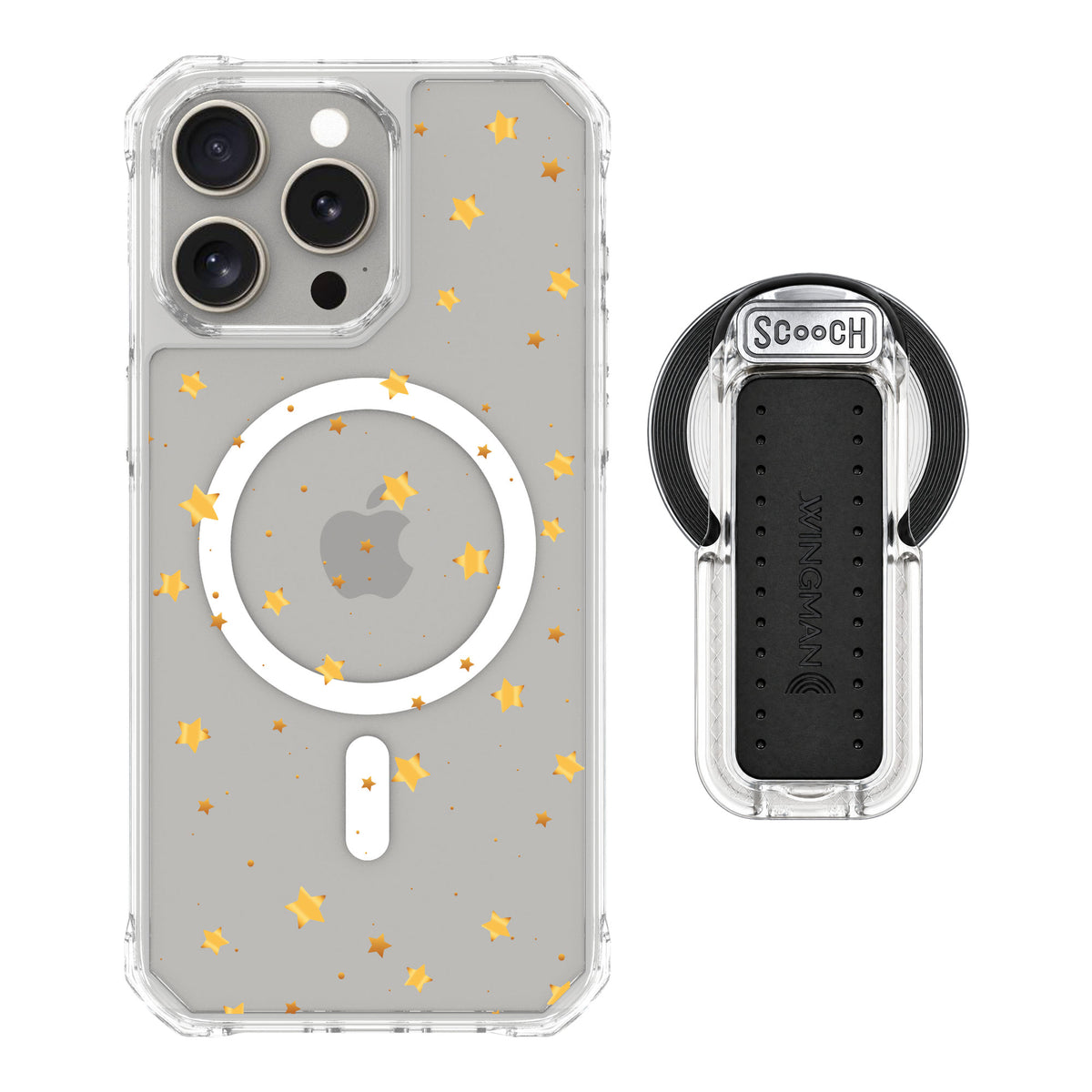 Scooch MagCase Gold Stars for iPhone 15 Pro Max — MagSafe Wingback Bundle - Clear