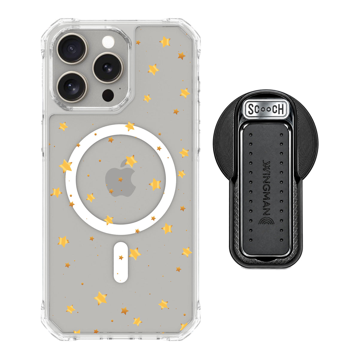 Scooch MagCase Gold Stars for iPhone 15 Pro Max — MagSafe Wingback Bundle - Black