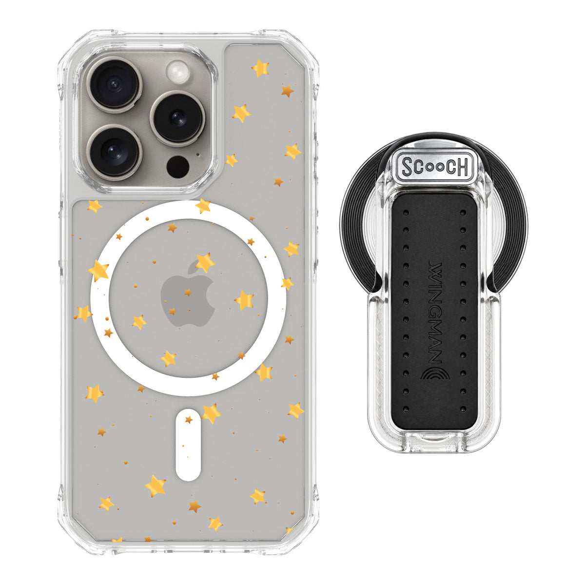Scooch MagCase Gold Stars for iPhone 15 Pro — MagSafe Wingback Bundle - Clear