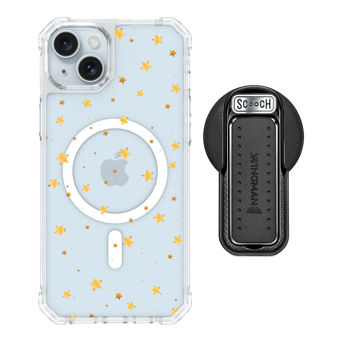 Scooch MagCase Gold Stars for iPhone 15 Plus — MagSafe Wingback Bundle - Black