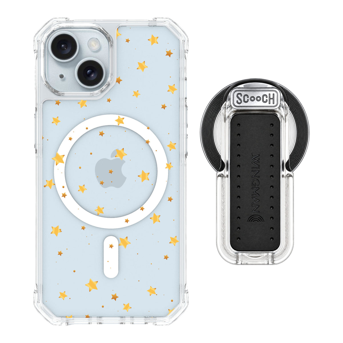 Scooch MagCase Gold Stars for iPhone 15 — MagSafe Wingback Bundle - Clear