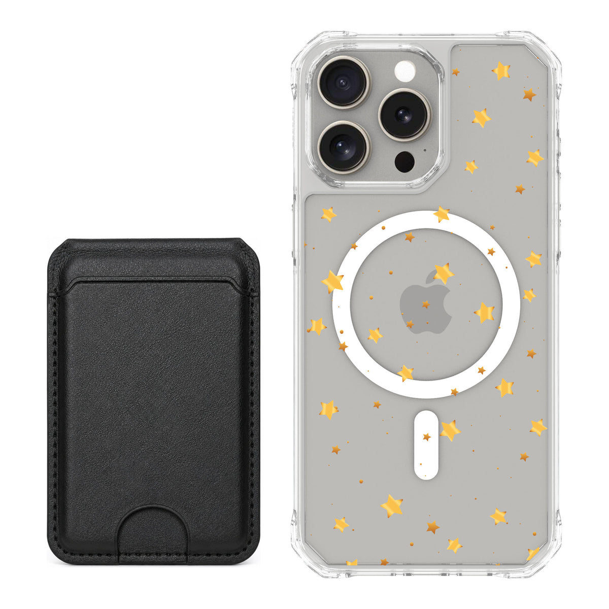 Scooch MagCase Gold Stars for iPhone 15 Pro Max — Black MagWallet Bundle