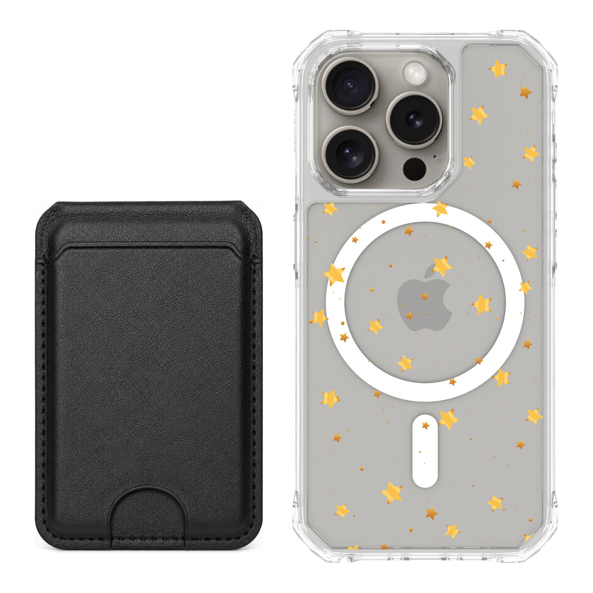 Scooch MagCase Gold Stars for iPhone 15 Pro — Black MagWallet Bundle