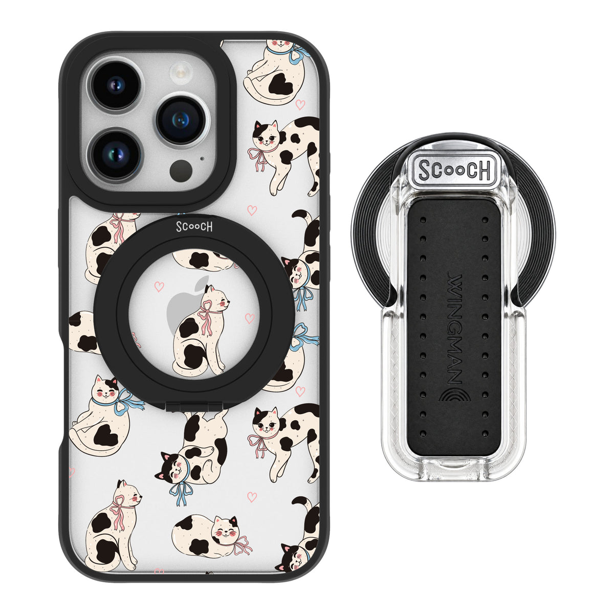 Scooch MagCase Bow Kitties for iPhone 16 Pro — MagSafe Wingback Bundle - Clear