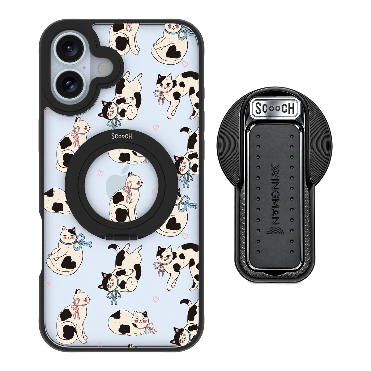 Scooch MagCase Bow Kitties for iPhone 16 Plus — MagSafe Wingback Bundle - Black