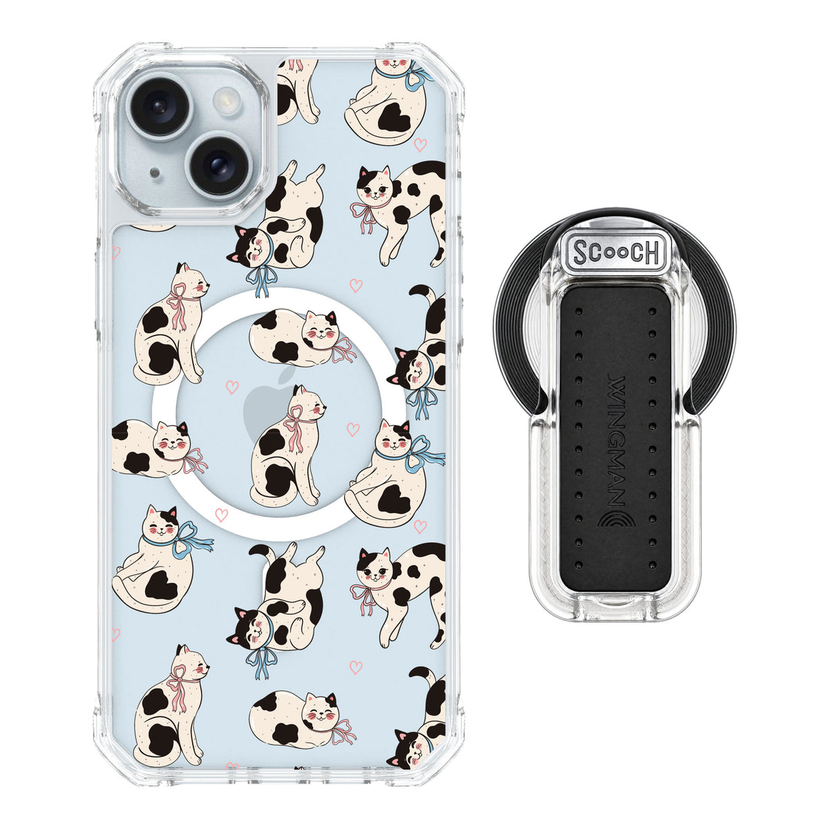 Scooch MagCase Bow Kitties for iPhone 15 Plus — MagSafe Wingback Bundle - Clear