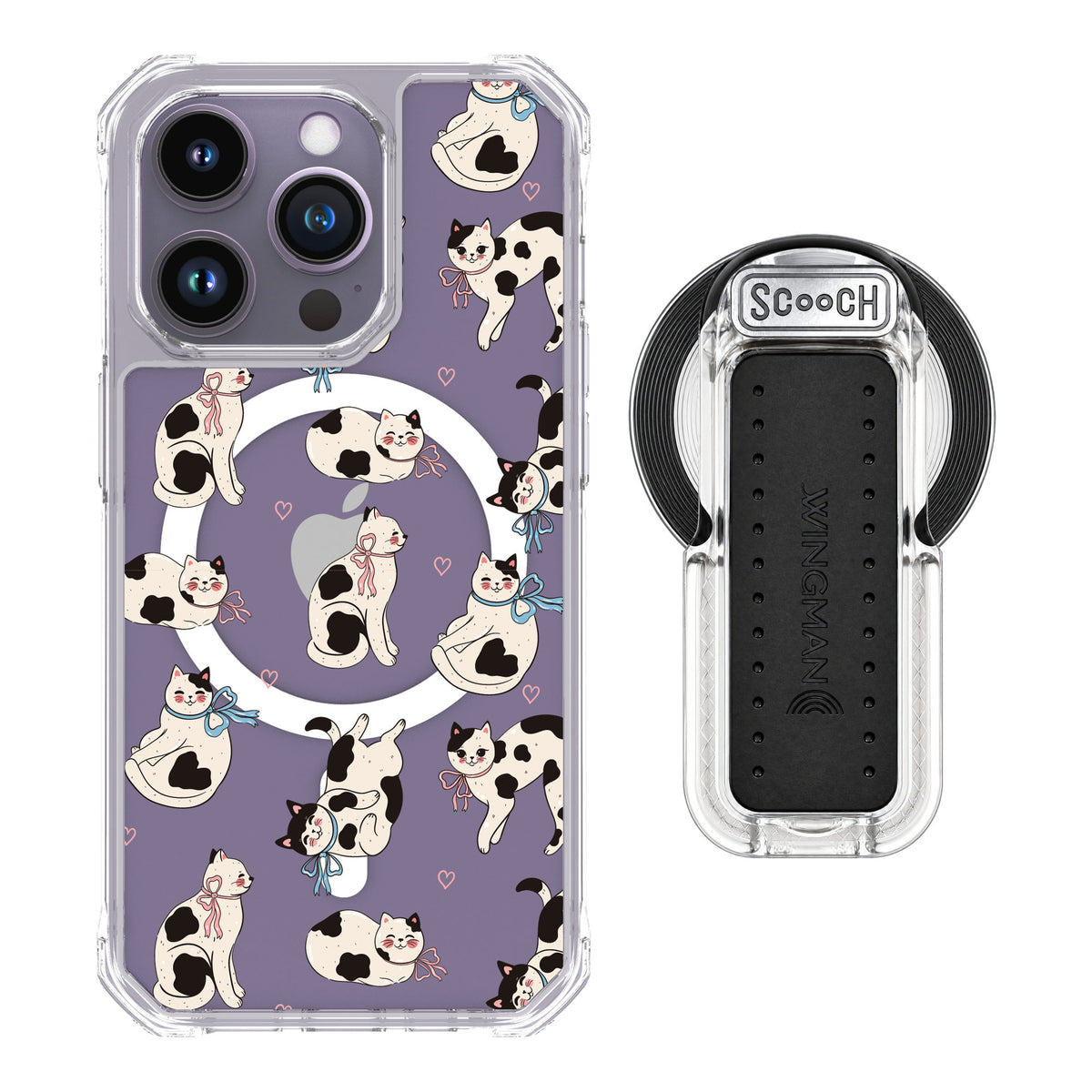 Scooch MagCase Bow Kitties for iPhone 14 Pro — MagSafe Wingback Bundle - Clear