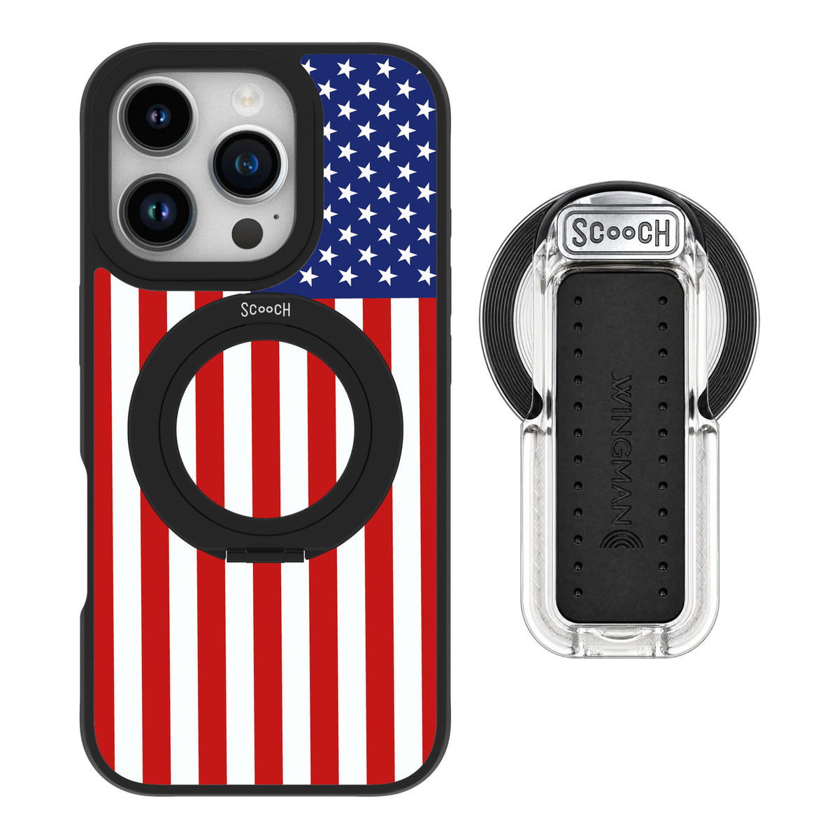 Scooch MagCase Stars And Stripes for iPhone 16 Pro — MagSafe Wingback Bundle - Clear