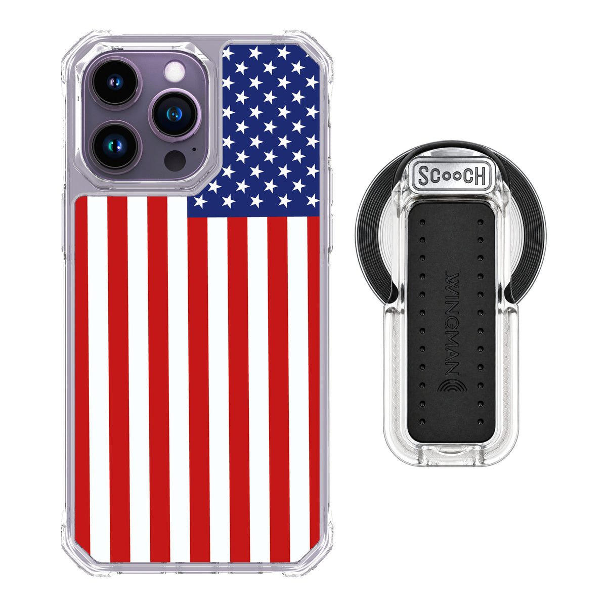 Scooch MagCase Stars And Stripes for iPhone 14 Pro Max — MagSafe Wingback Bundle - Clear