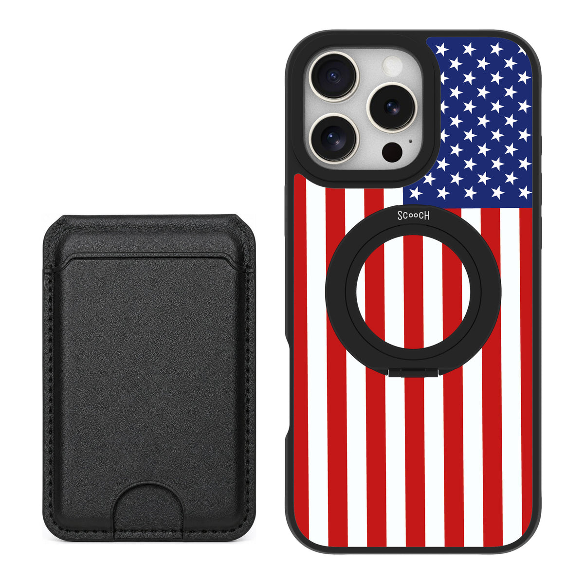 Scooch MagCase Stars And Stripes for iPhone 16 Pro Max — Black MagWallet Bundle
