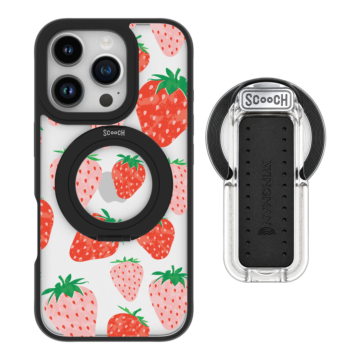 Scooch MagCase Strawberry Fields for iPhone 16 Pro — MagSafe Wingback Bundle - Clear