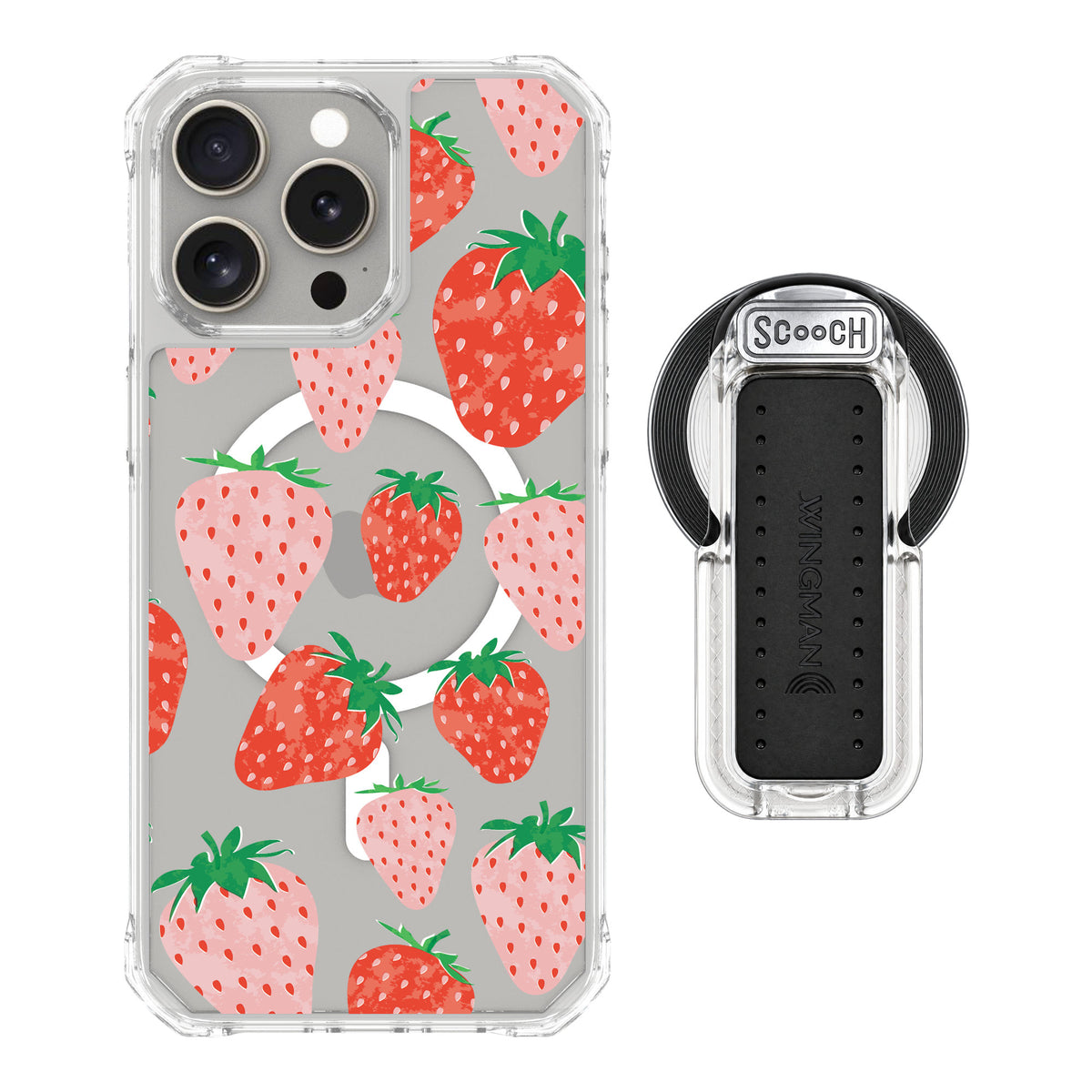Scooch MagCase Strawberry Fields for iPhone 15 Pro Max — MagSafe Wingback Bundle - Clear