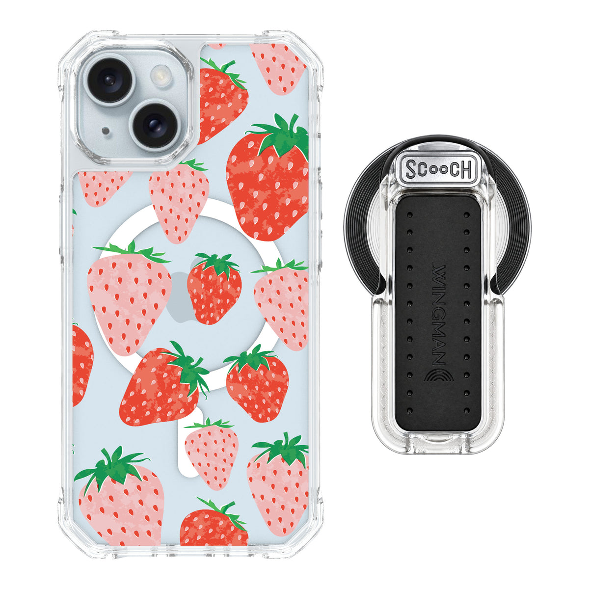 Scooch MagCase Strawberry Fields for iPhone 15 — MagSafe Wingback Bundle - Clear