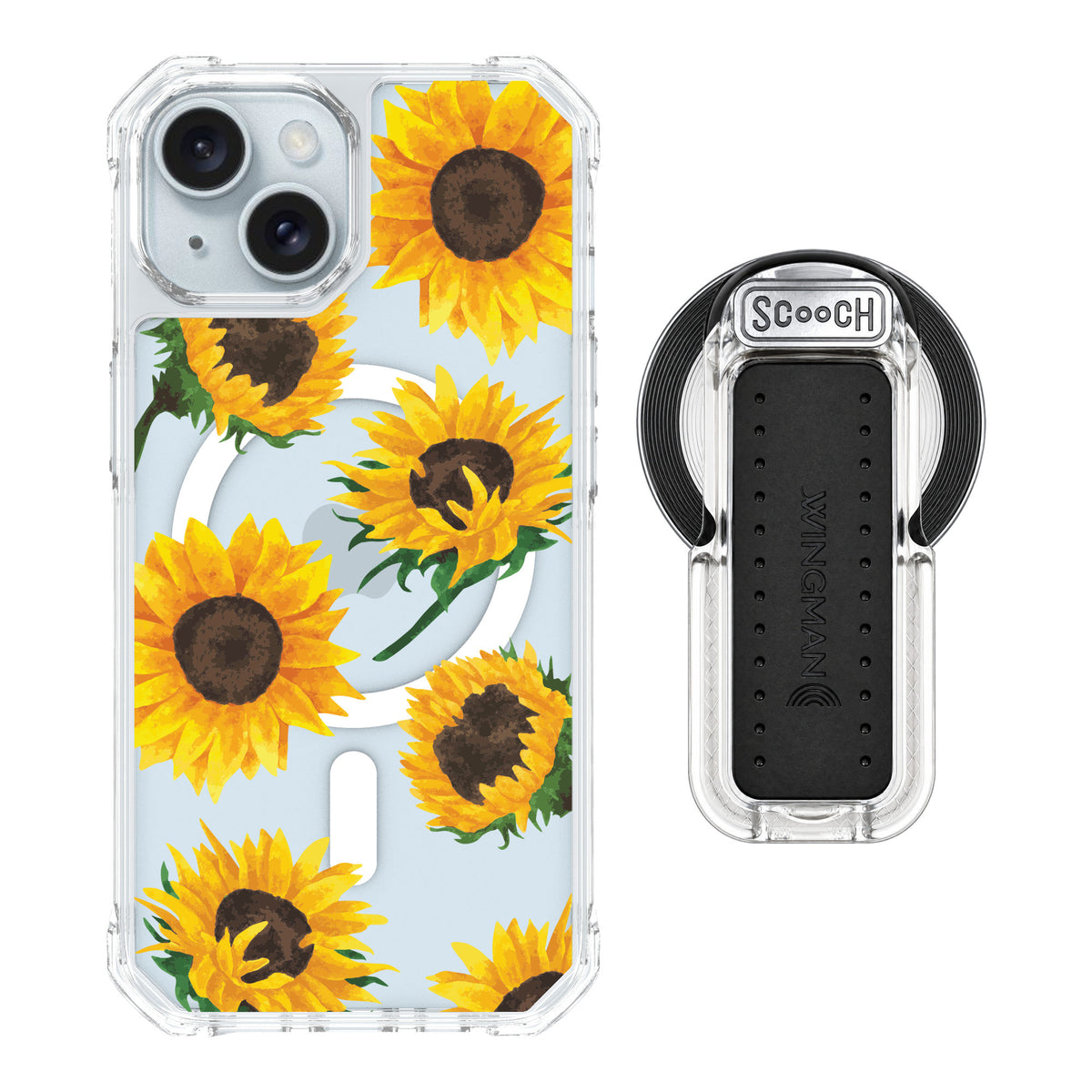 Scooch MagCase Sunflower Frenzy for iPhone 15 — MagSafe Wingback Bundle - Clear