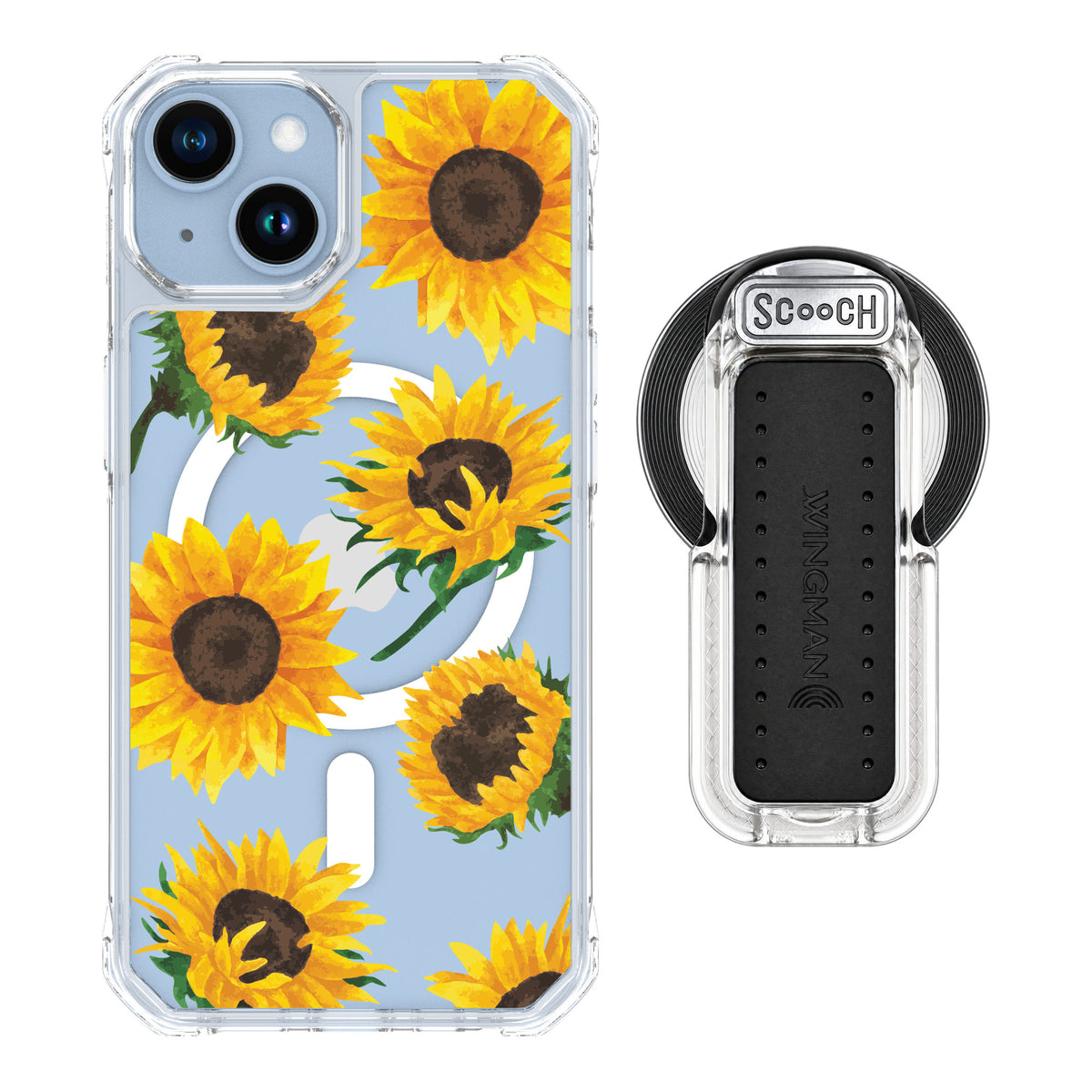 Scooch MagCase Sunflower Frenzy for iPhone 14 — MagSafe Wingback Bundle - Clear