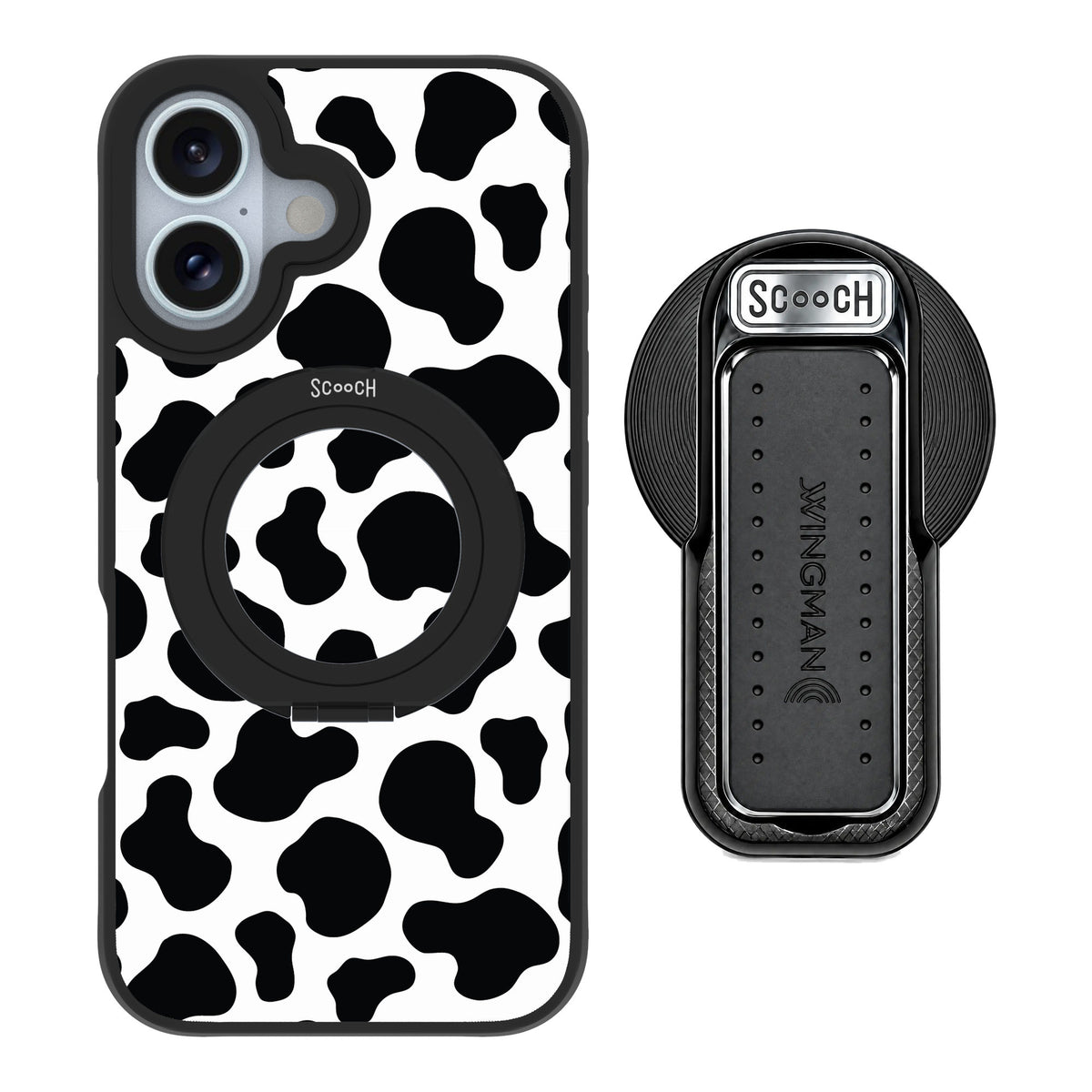 Scooch MagCase Cow Print for iPhone 16 — MagSafe Wingback Bundle - Black