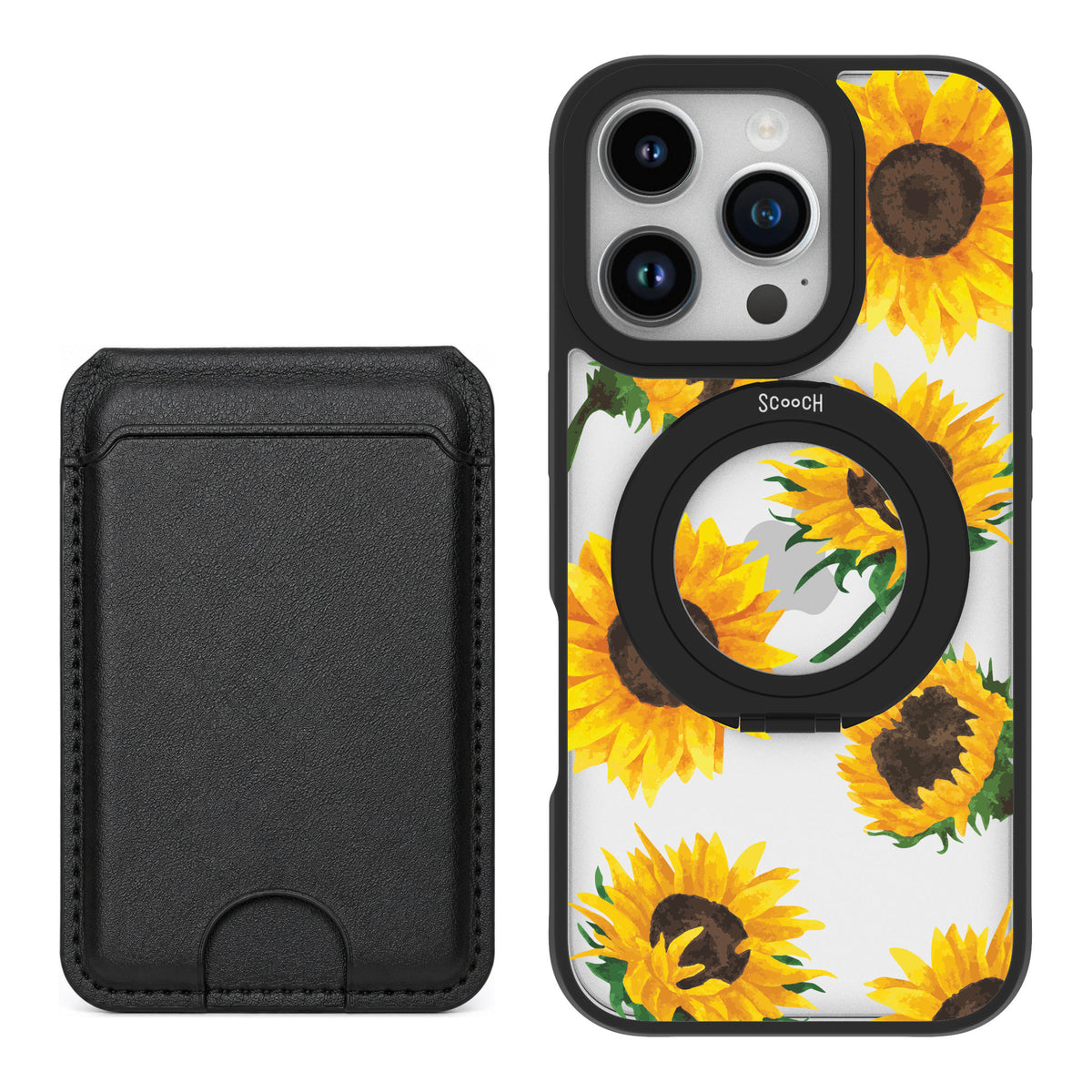 Scooch MagCase Sunflower Frenzy for iPhone 16 Pro — Black MagWallet Bundle