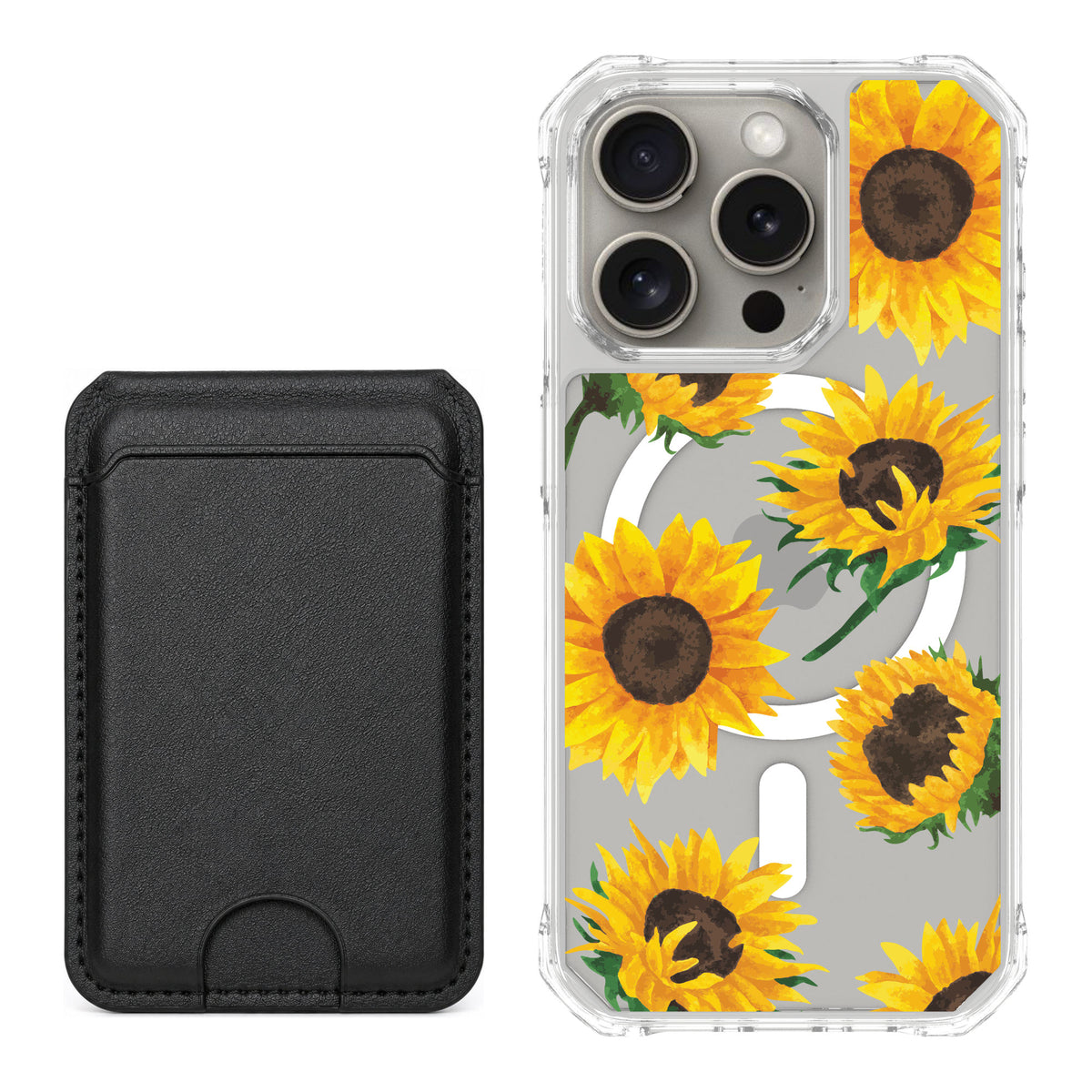Scooch MagCase Sunflower Frenzy for iPhone 15 Pro — Black MagWallet Bundle